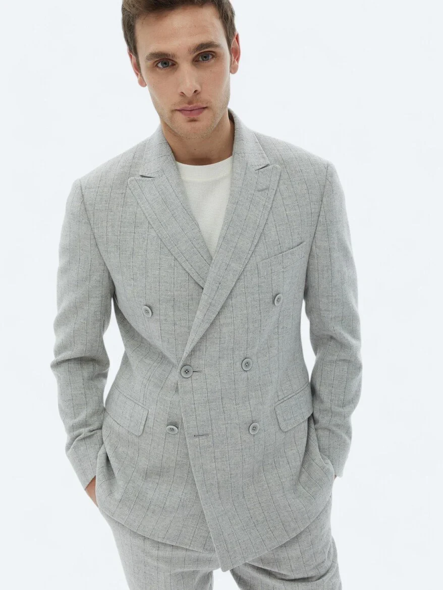 Light Grey Striped Modern Fit Wool Blended Suit - 2
