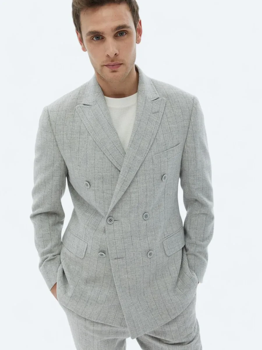 Light Grey Striped Modern Fit Wool Blended Suit - 2