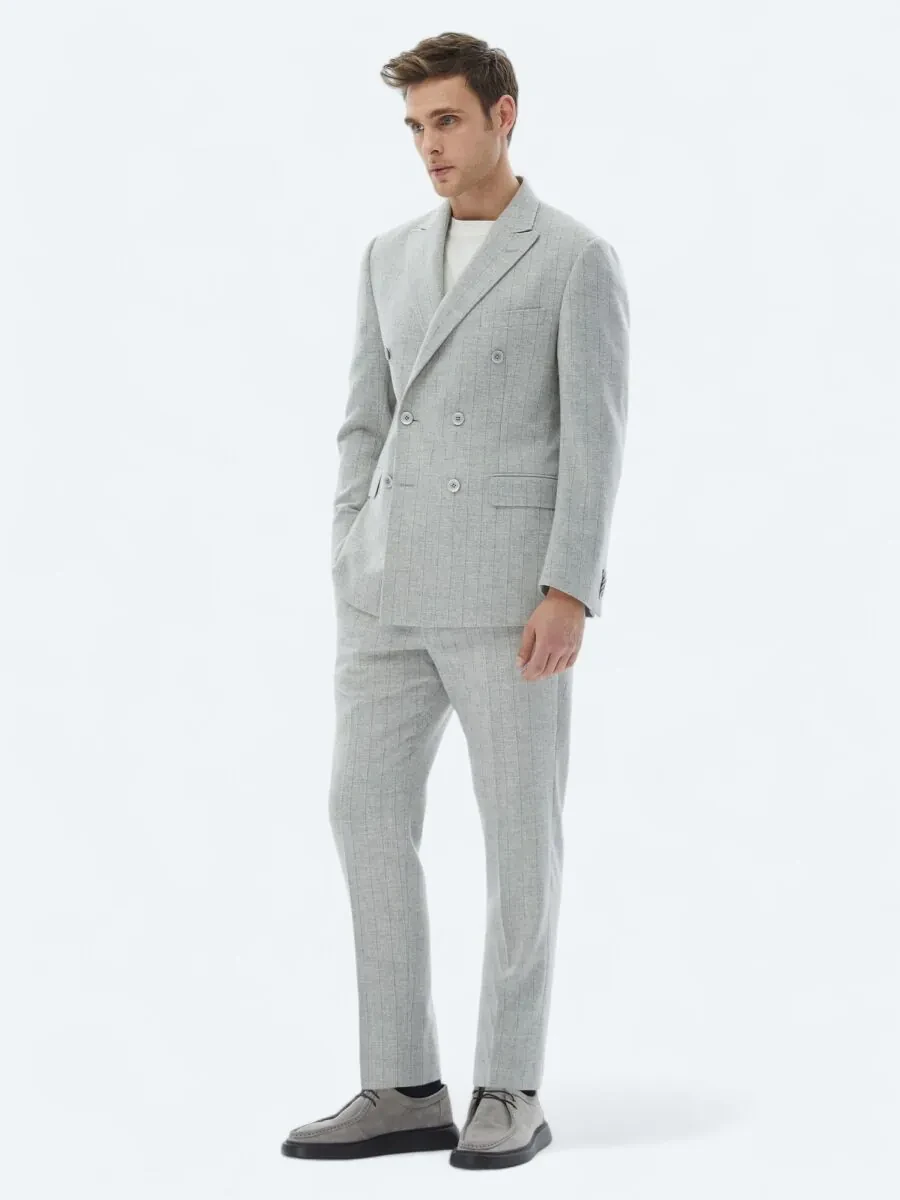 Light Grey Striped Modern Fit Wool Blended Suit - 3