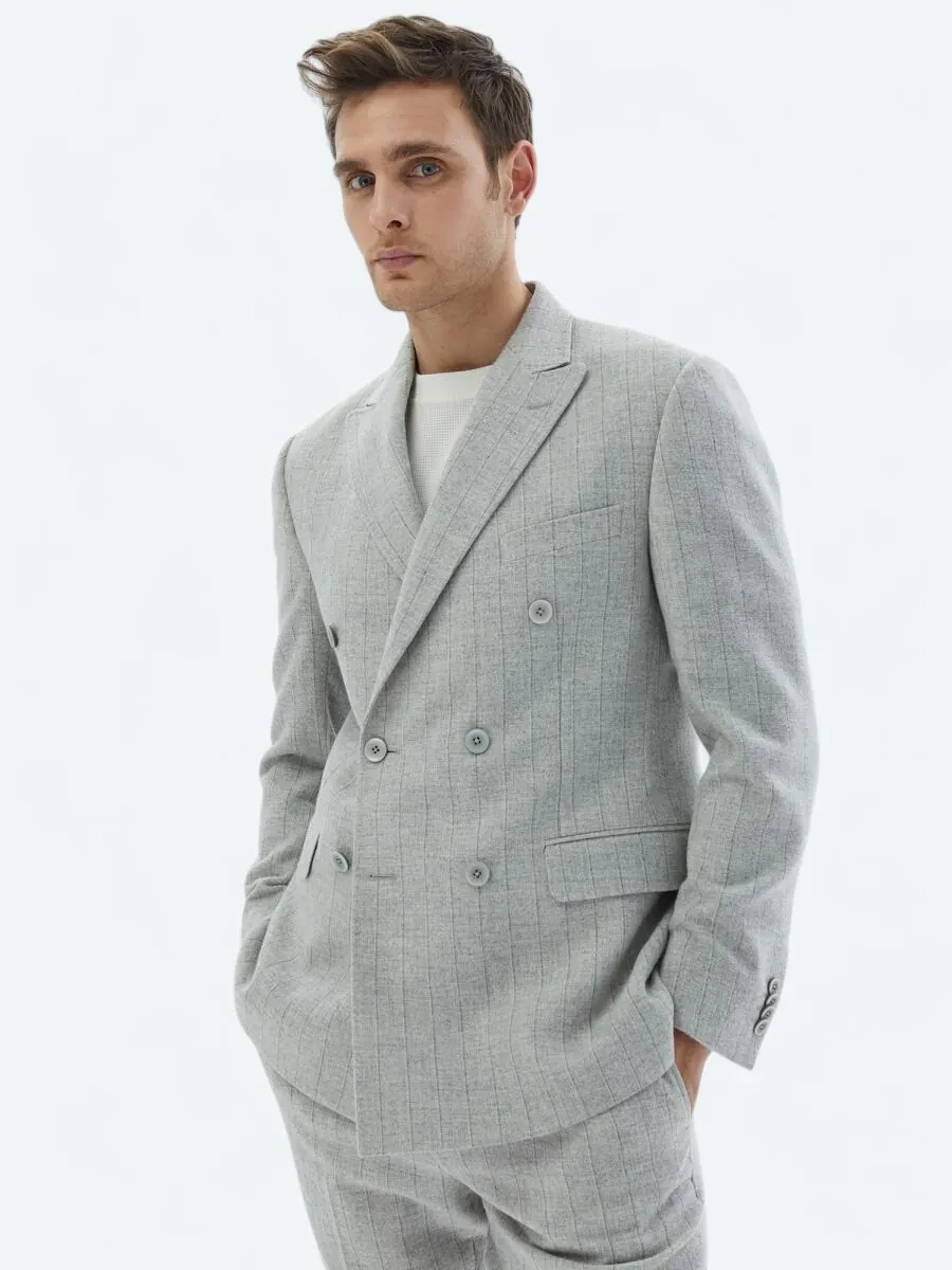 Light Grey Striped Modern Fit Wool Blended Suit - 4