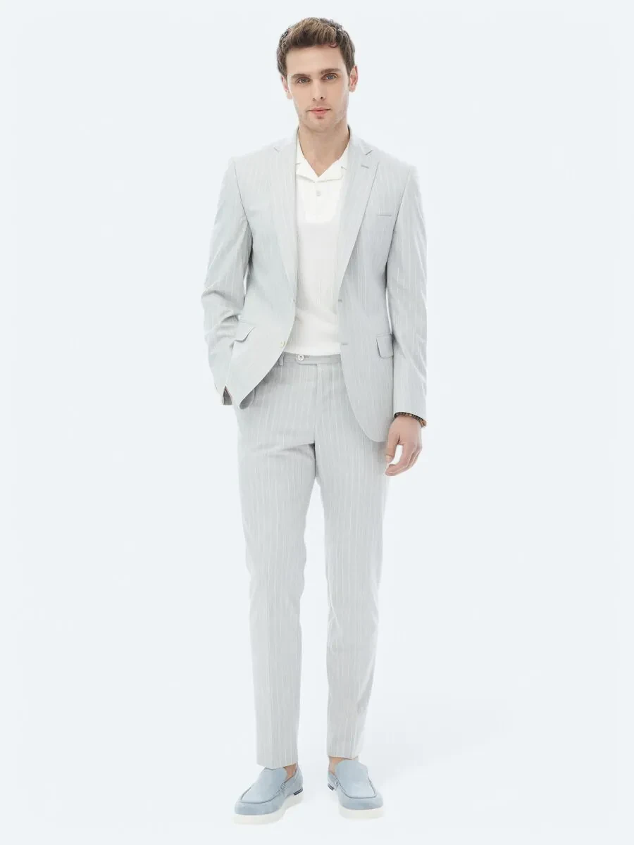 Light Grey Striped Slim Fit Suit - 1