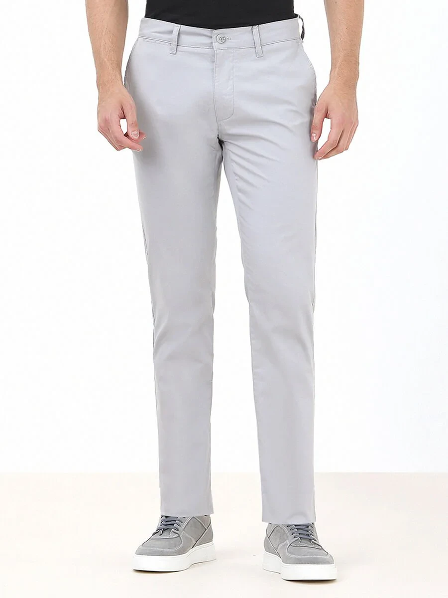 Light Grey Weaving Slim Fit Casual Cotton Blended Trousers - 1