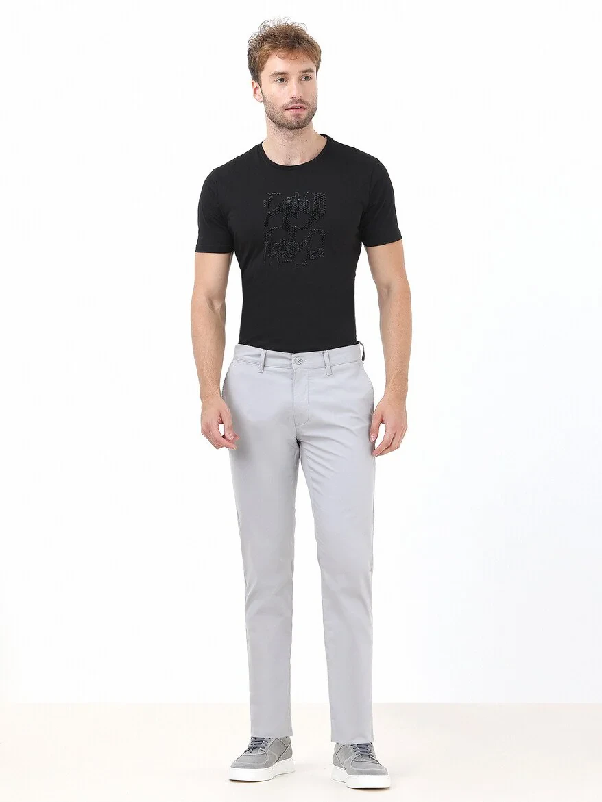 Light Grey Weaving Slim Fit Casual Cotton Blended Trousers - 3