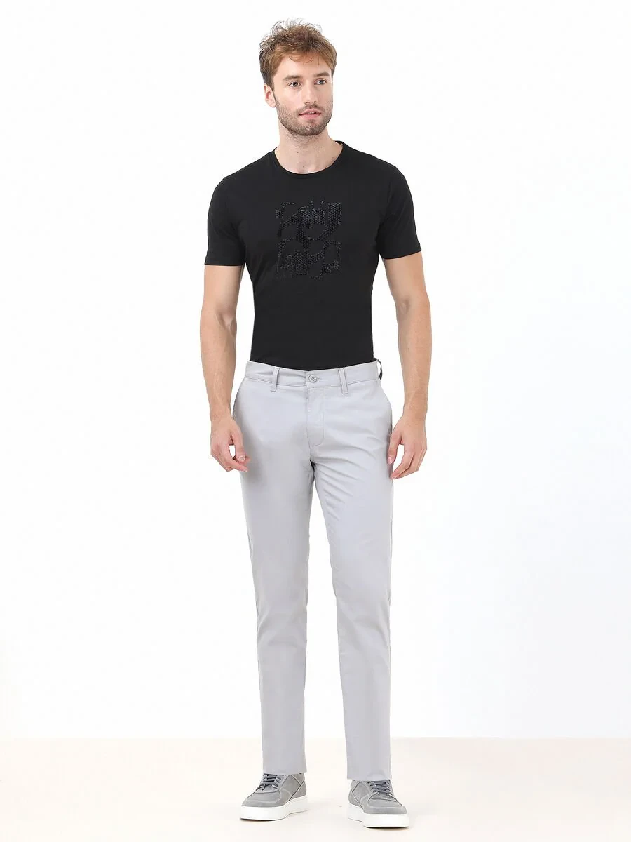 Light Grey Weaving Slim Fit Casual Cotton Blended Trousers - 3