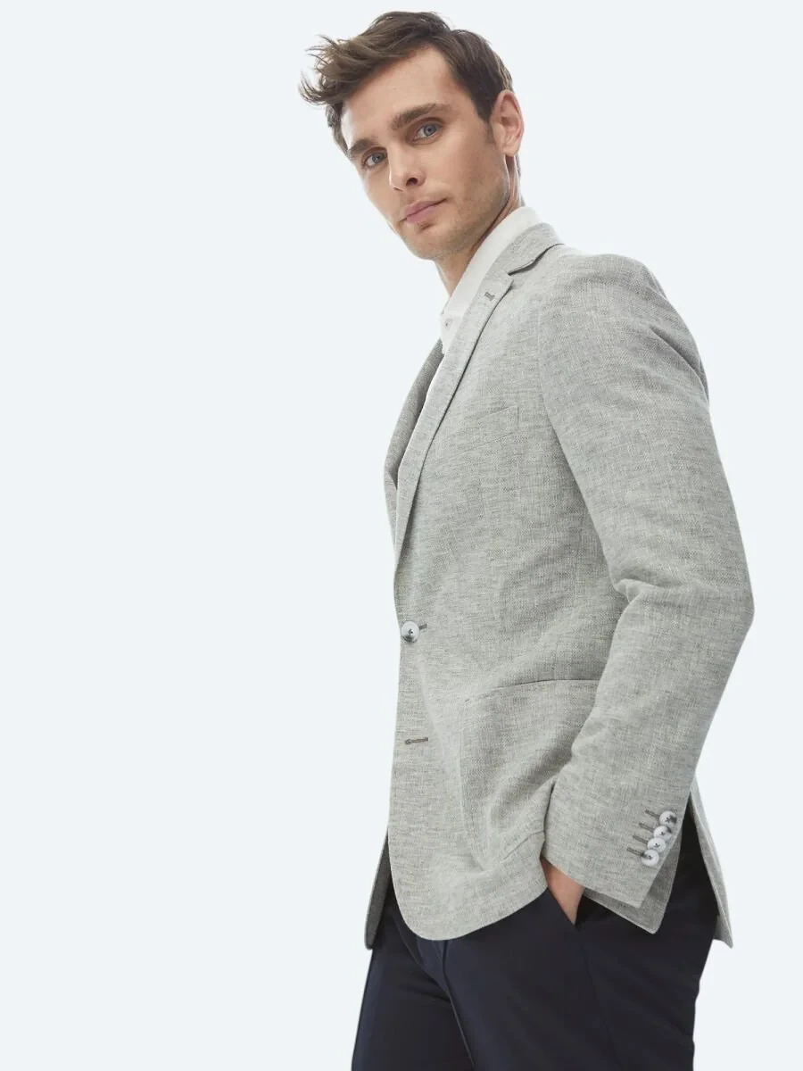 Light Khaki Micro Fitted Fit Linen Blended Jacket - 3