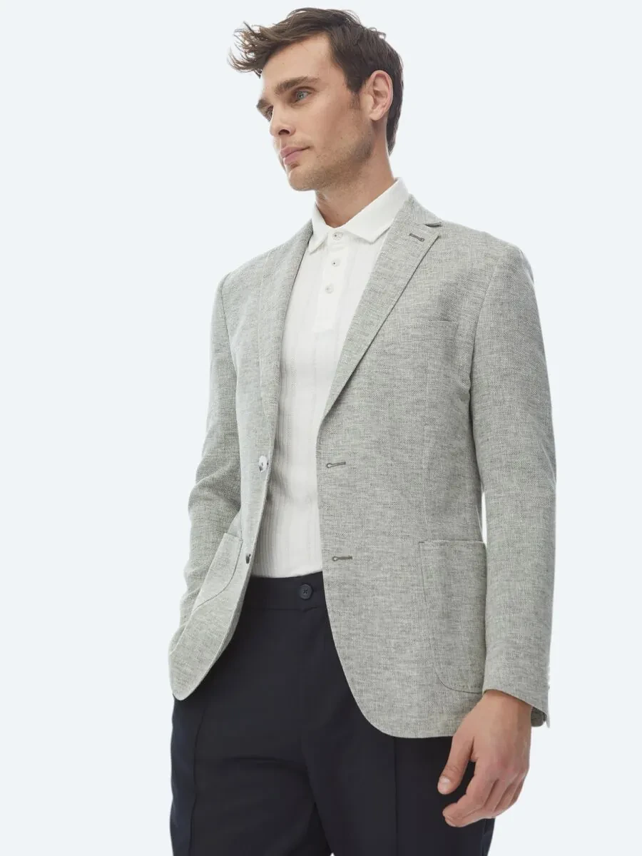Light Khaki Micro Fitted Fit Linen Blended Jacket - 6