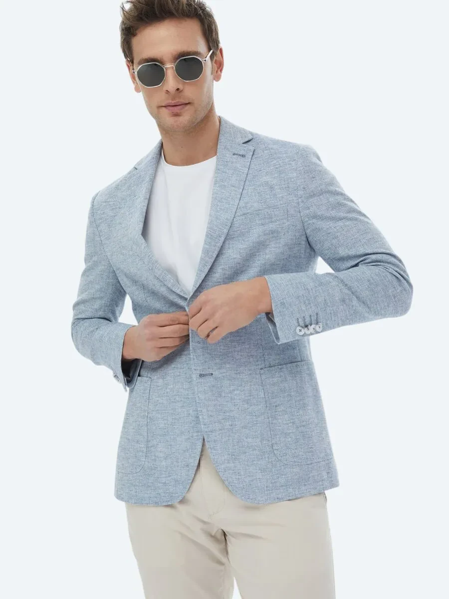 Light Khaki Micro Fitted Fit Linen Blended Jacket - 8