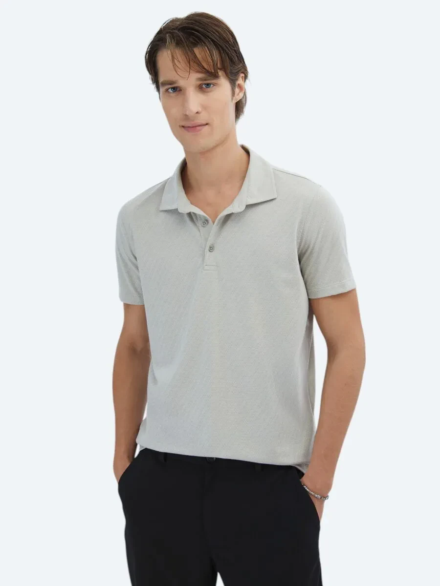 Light Khaki Patterned Polo Neck T-Shirt - 1
