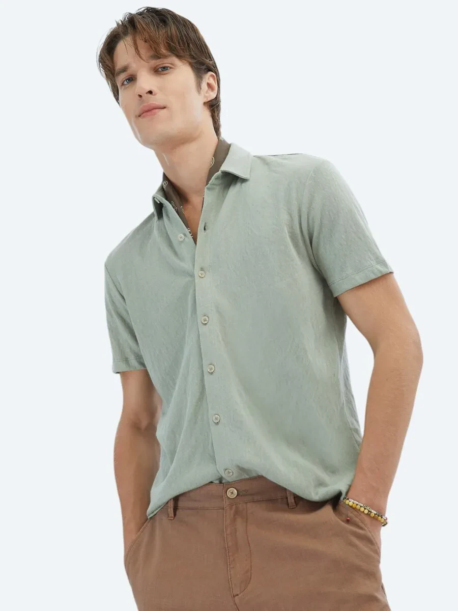 Light Khaki Plain Regular Fit Knitting Casual Cotton Blended Shirt - 1