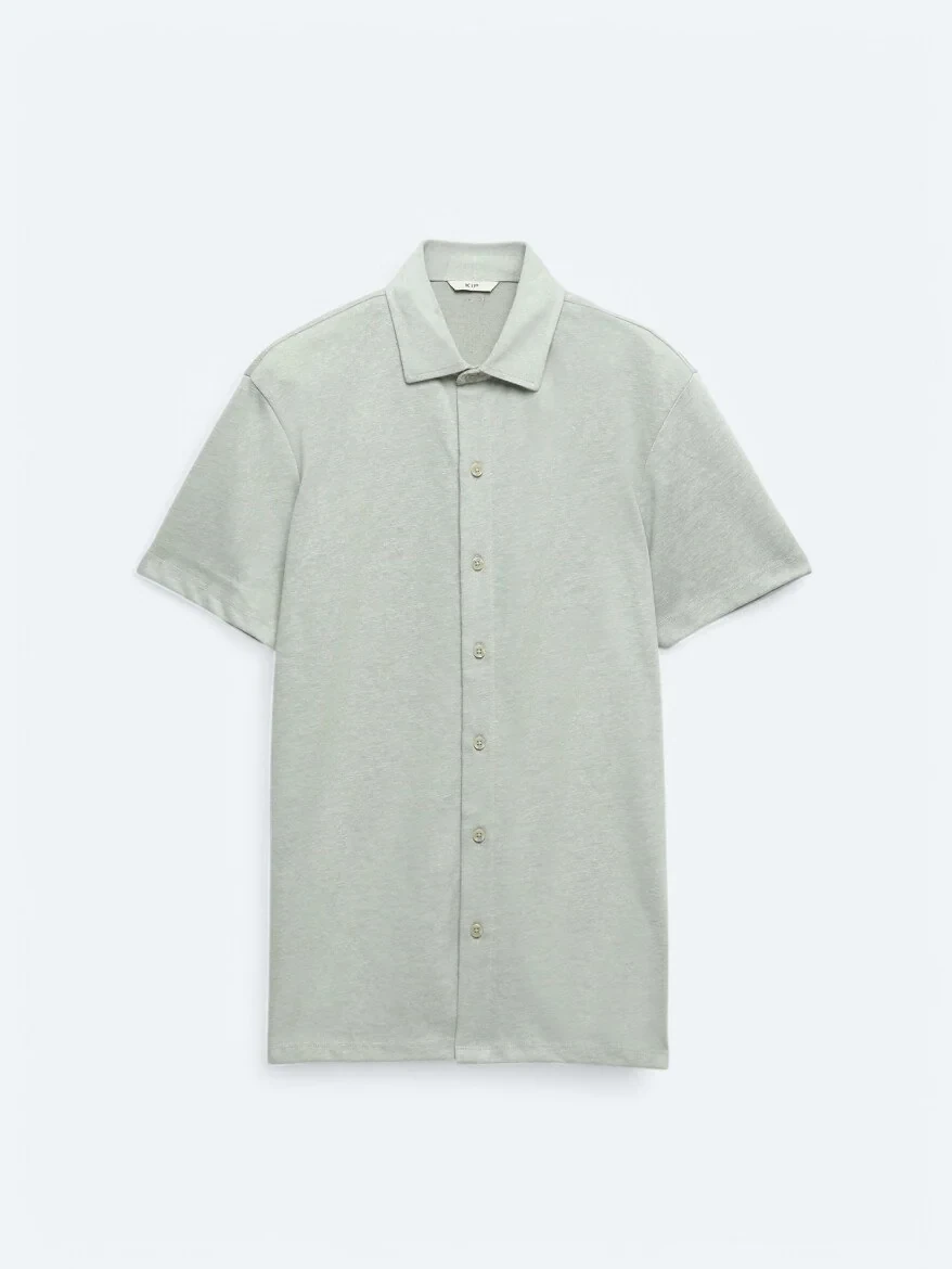 Light Khaki Plain Regular Fit Knitting Casual Cotton Blended Shirt - 6