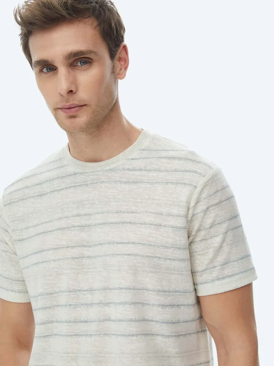 Light Khaki Printed Crew Neck Cotton Blended T-Shirt - 2
