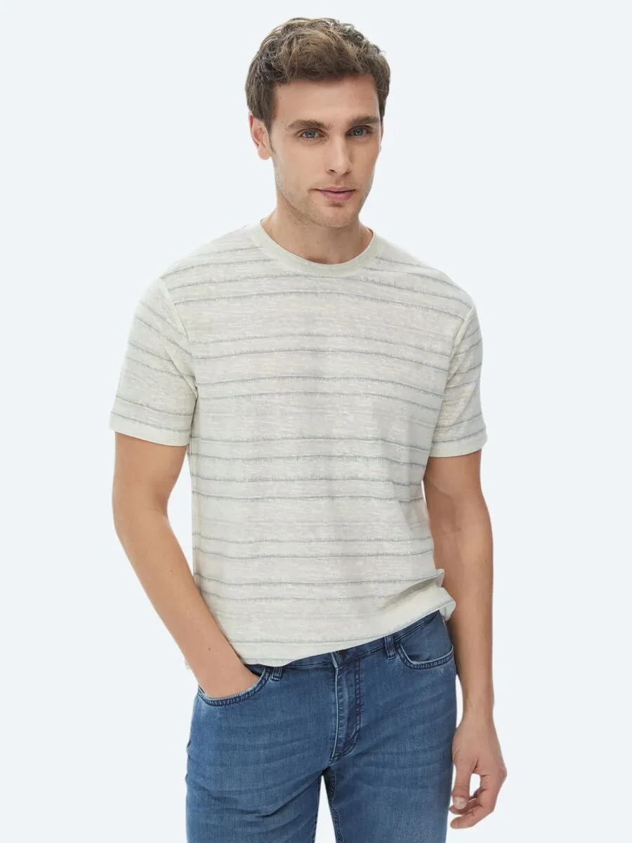 Light Khaki Printed Crew Neck Cotton Blended T-Shirt - 3
