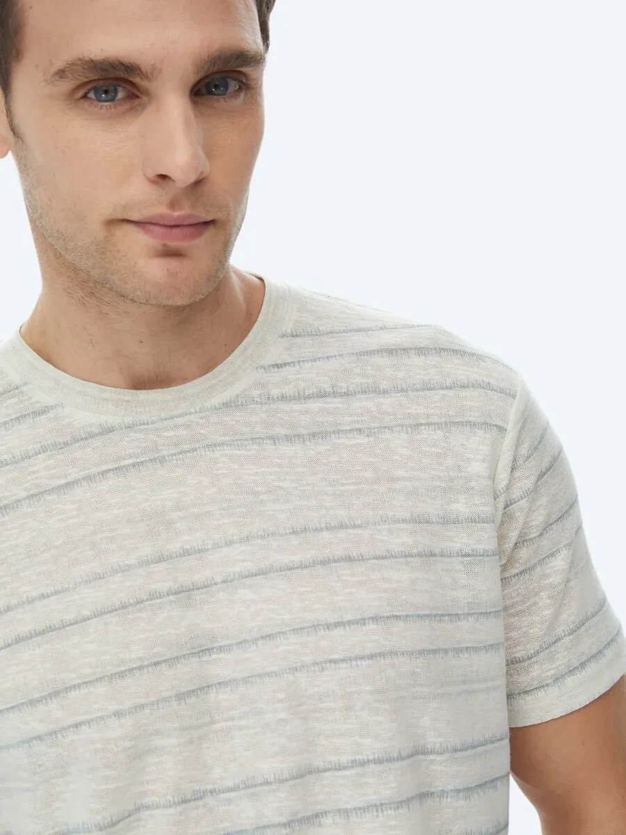 Light Khaki Printed Crew Neck Cotton Blended T-Shirt - 4