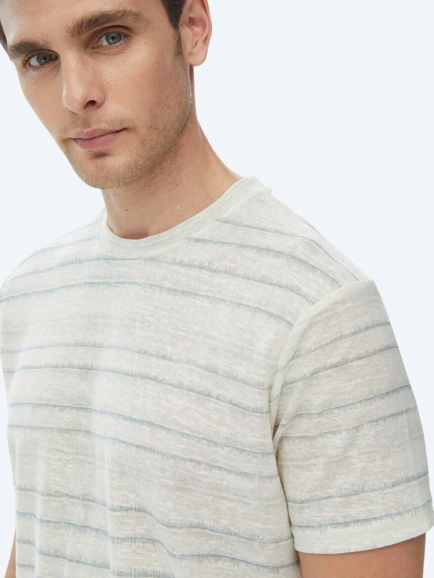 Light Khaki Printed Crew Neck Cotton Blended T-Shirt - 7