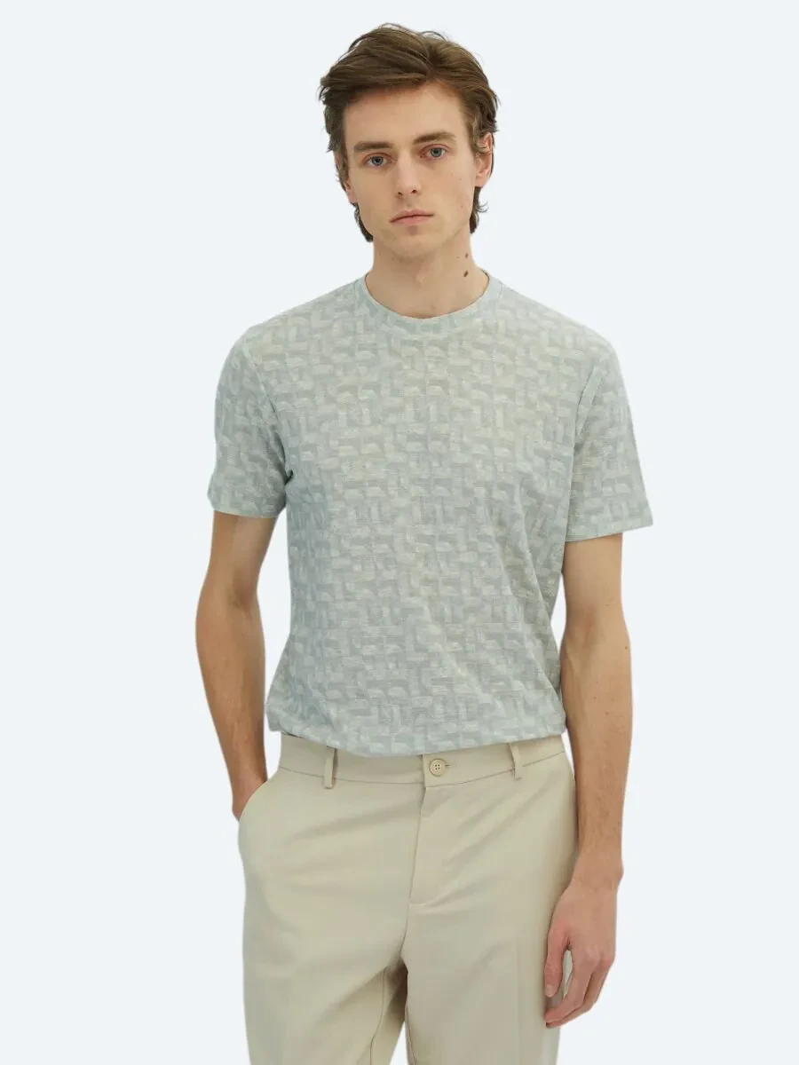 Light Khaki Printed Crew Neck Cotton Blended T-Shirt - 1