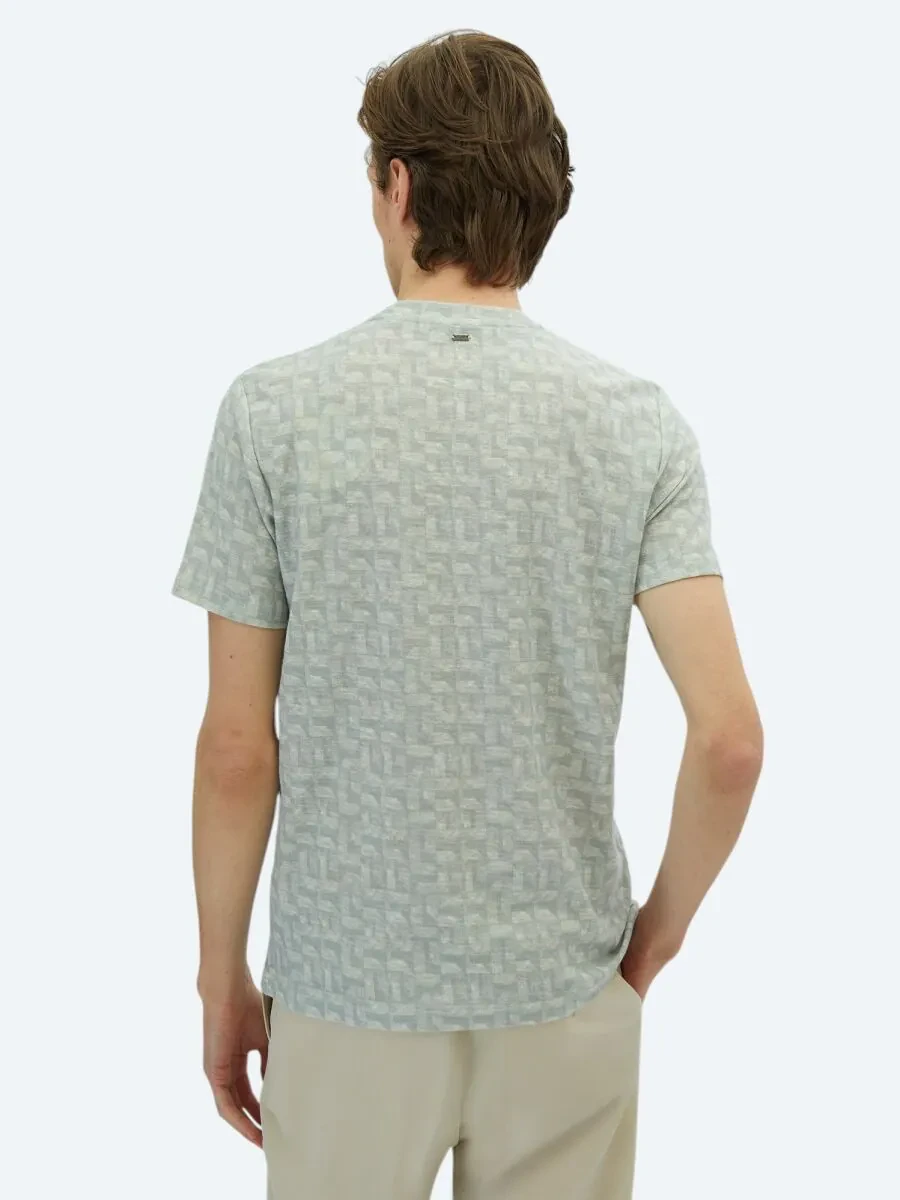 Light Khaki Printed Crew Neck Cotton Blended T-Shirt - 4