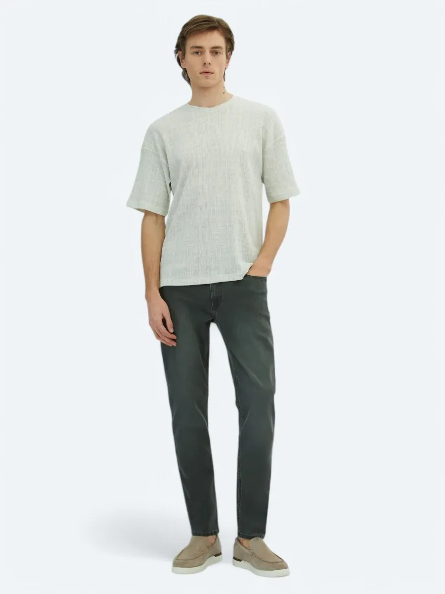 Light Khaki Printed Crew Neck Cotton Blended T-Shirt - 2