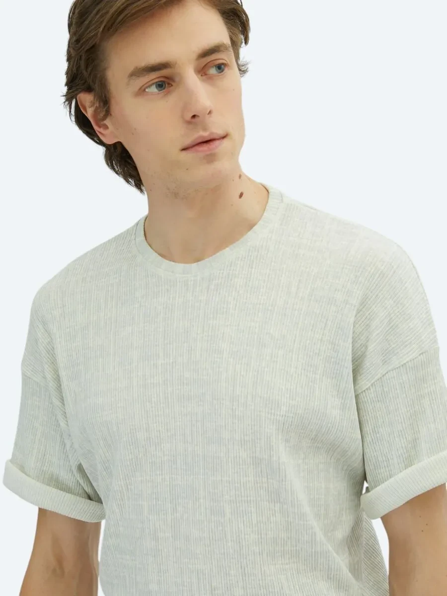 Light Khaki Printed Crew Neck Cotton Blended T-Shirt - 3