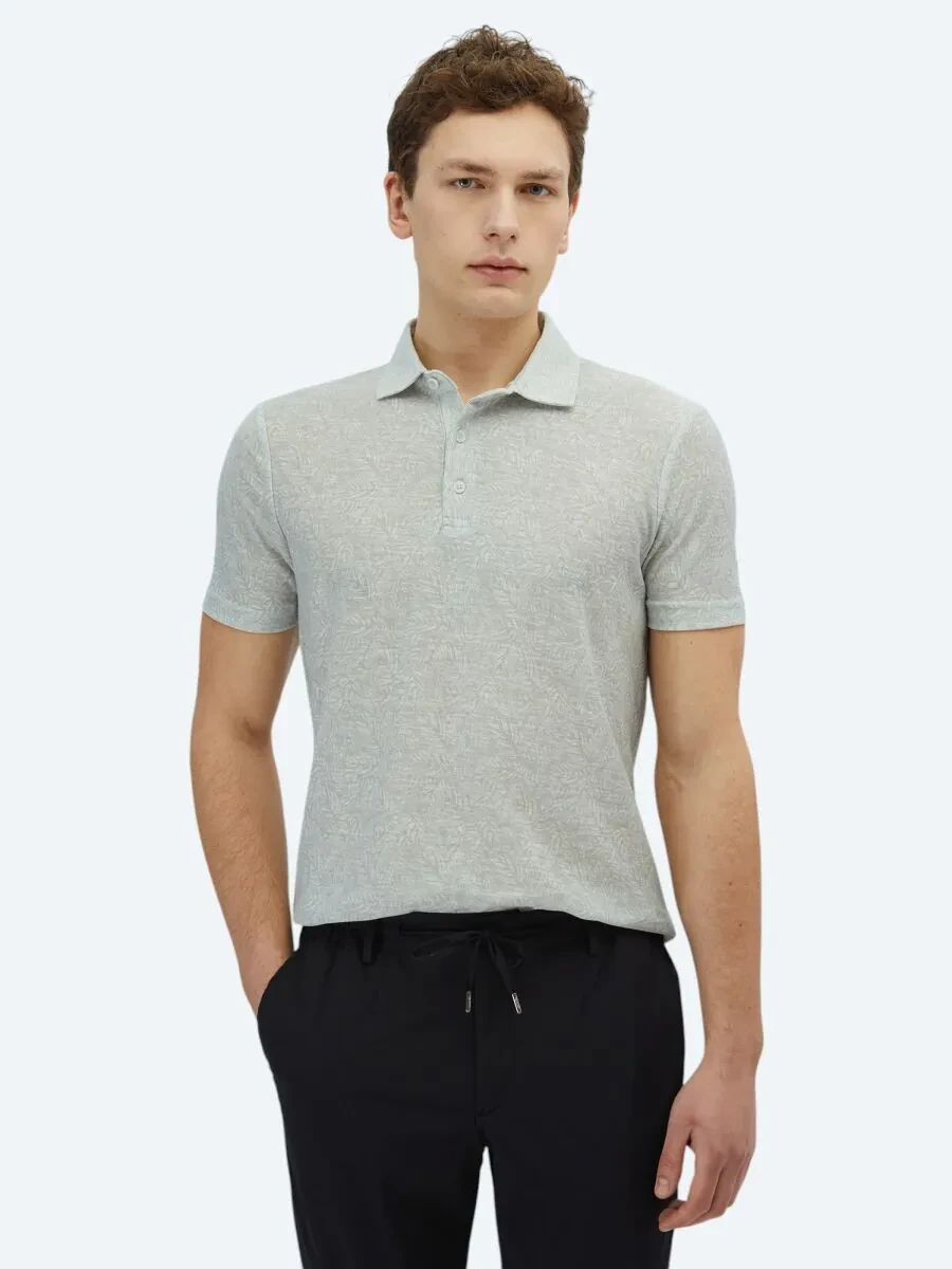 Light Khaki Printed Polo Neck Cotton Blended T-Shirt - 1