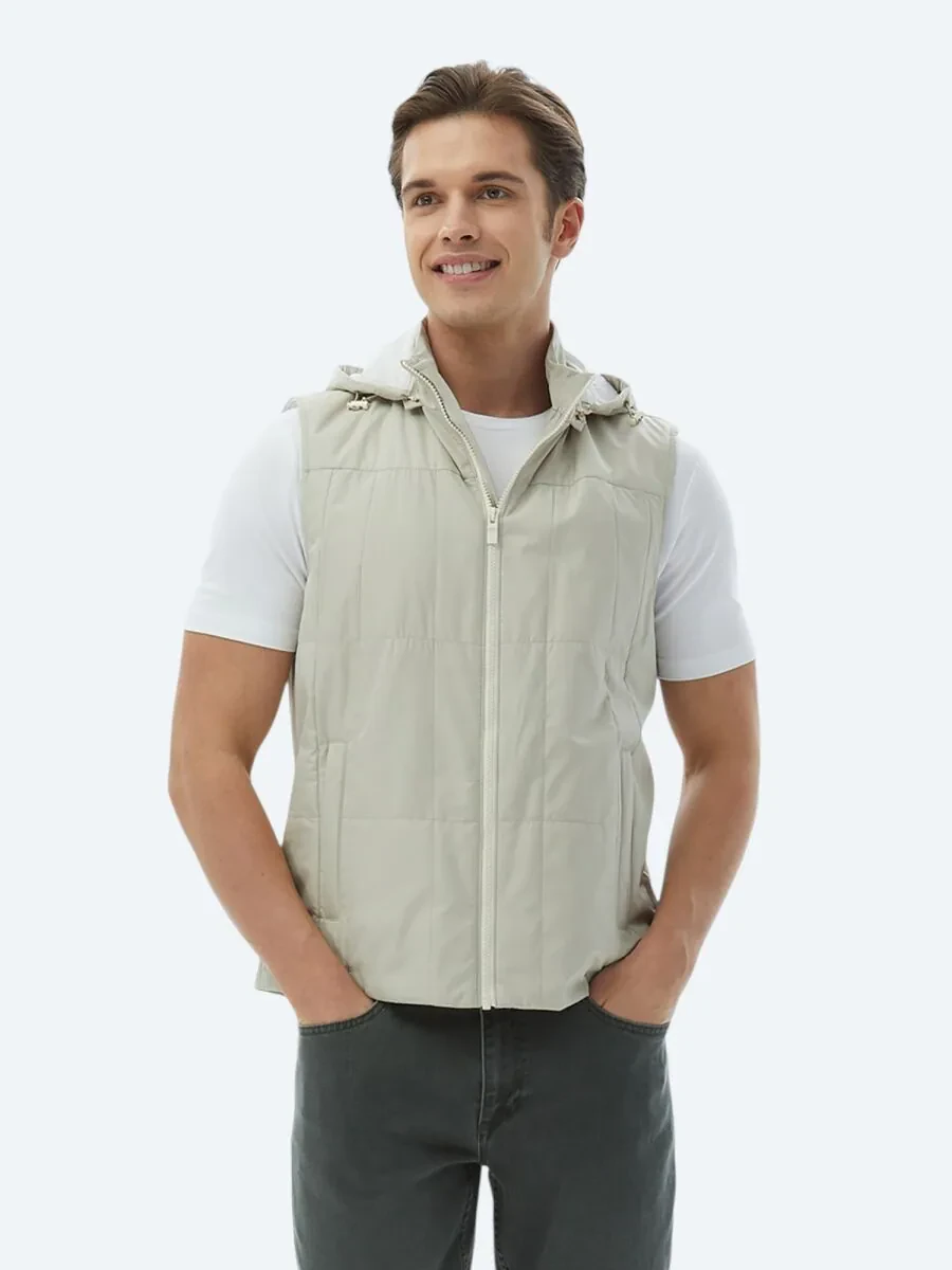 Light Khaki Weaving Puffer Vest - 1