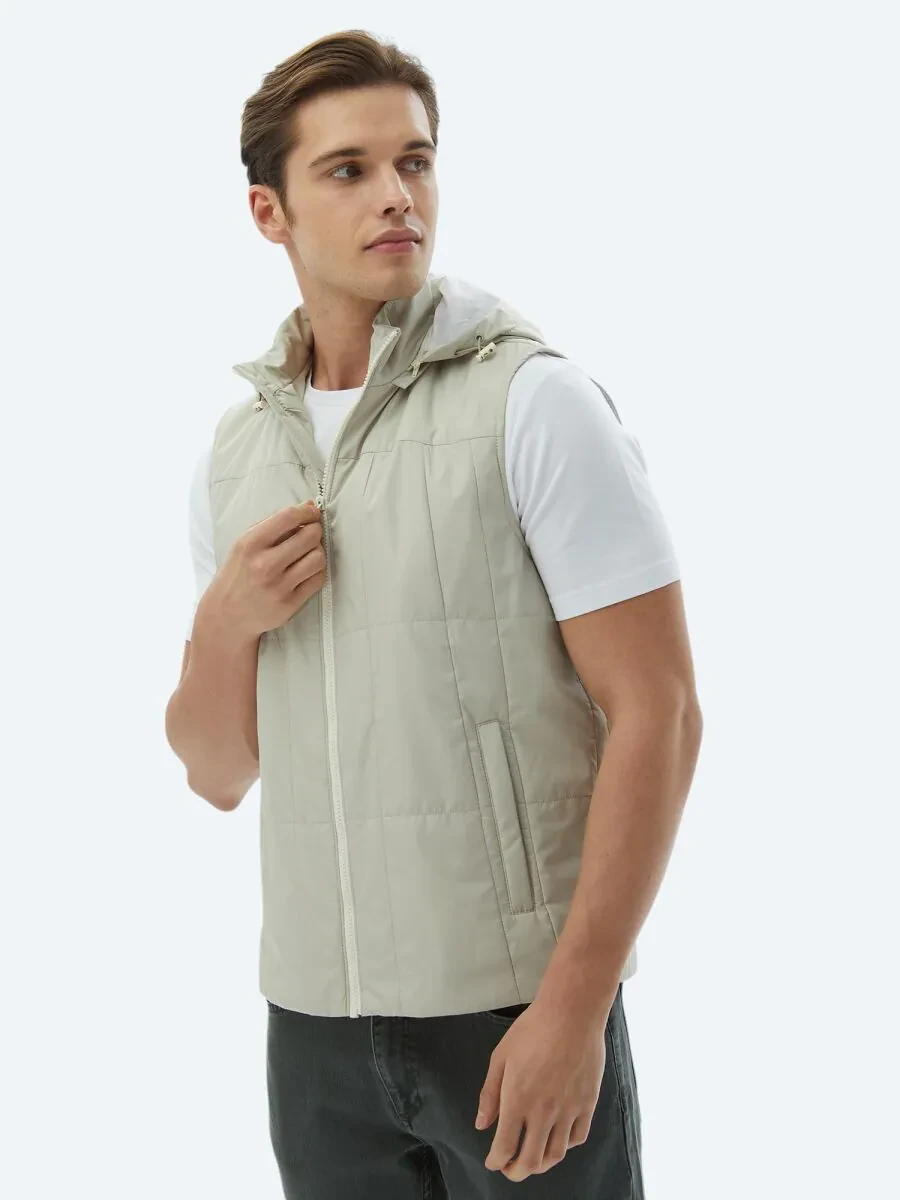Light Khaki Weaving Puffer Vest - 2