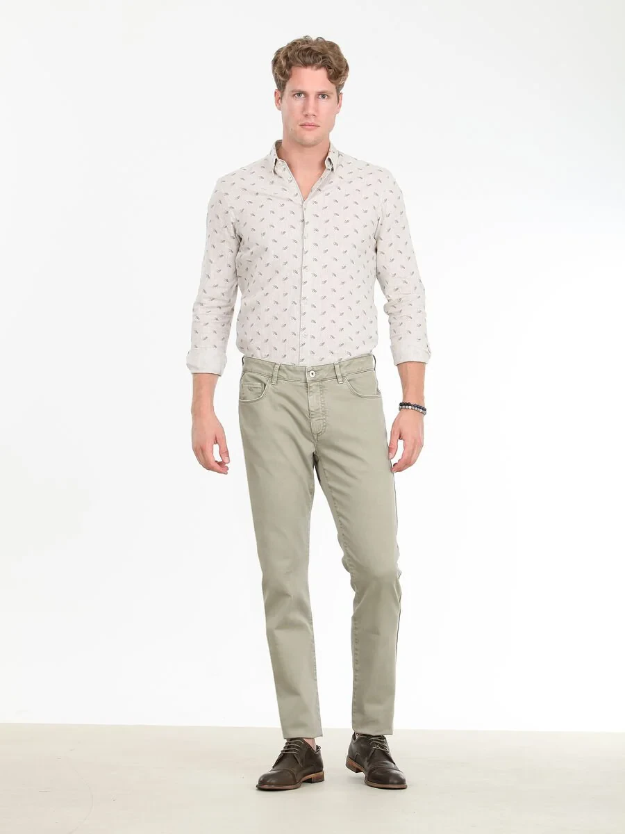 Light Khaki Weaving Regular Fit Casual Cotton Blended Trousers - 2