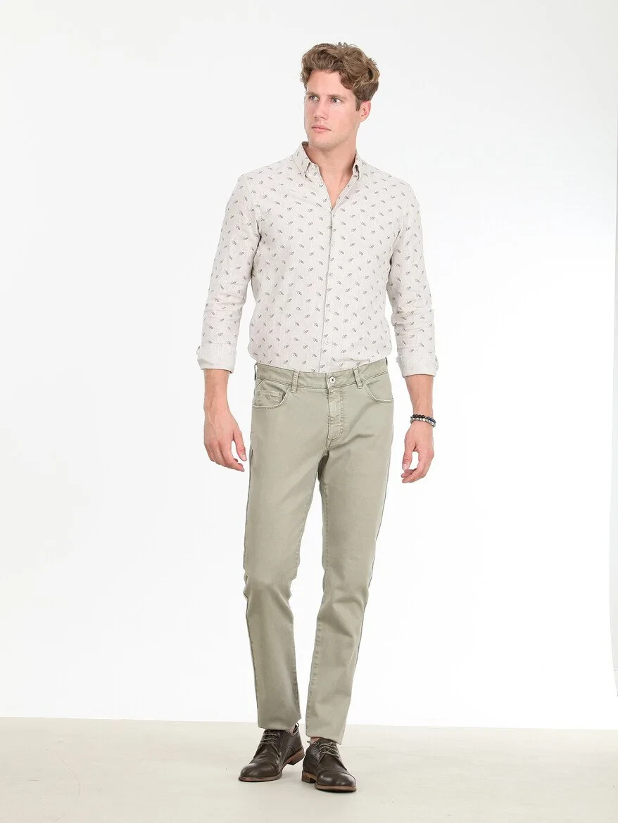 Light Khaki Weaving Regular Fit Casual Cotton Blended Trousers - 3