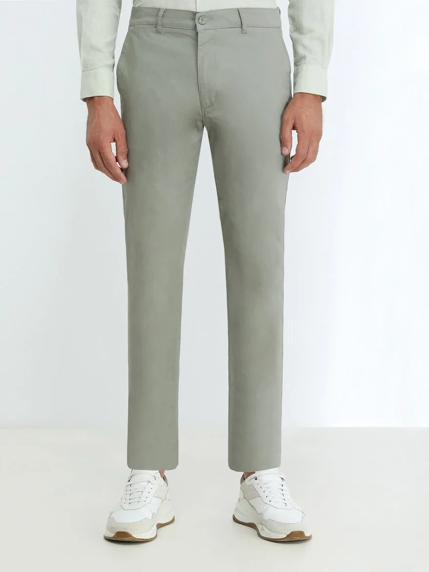 Light Khaki Weaving Slim Fit Casual Cotton Blended Trousers - 1