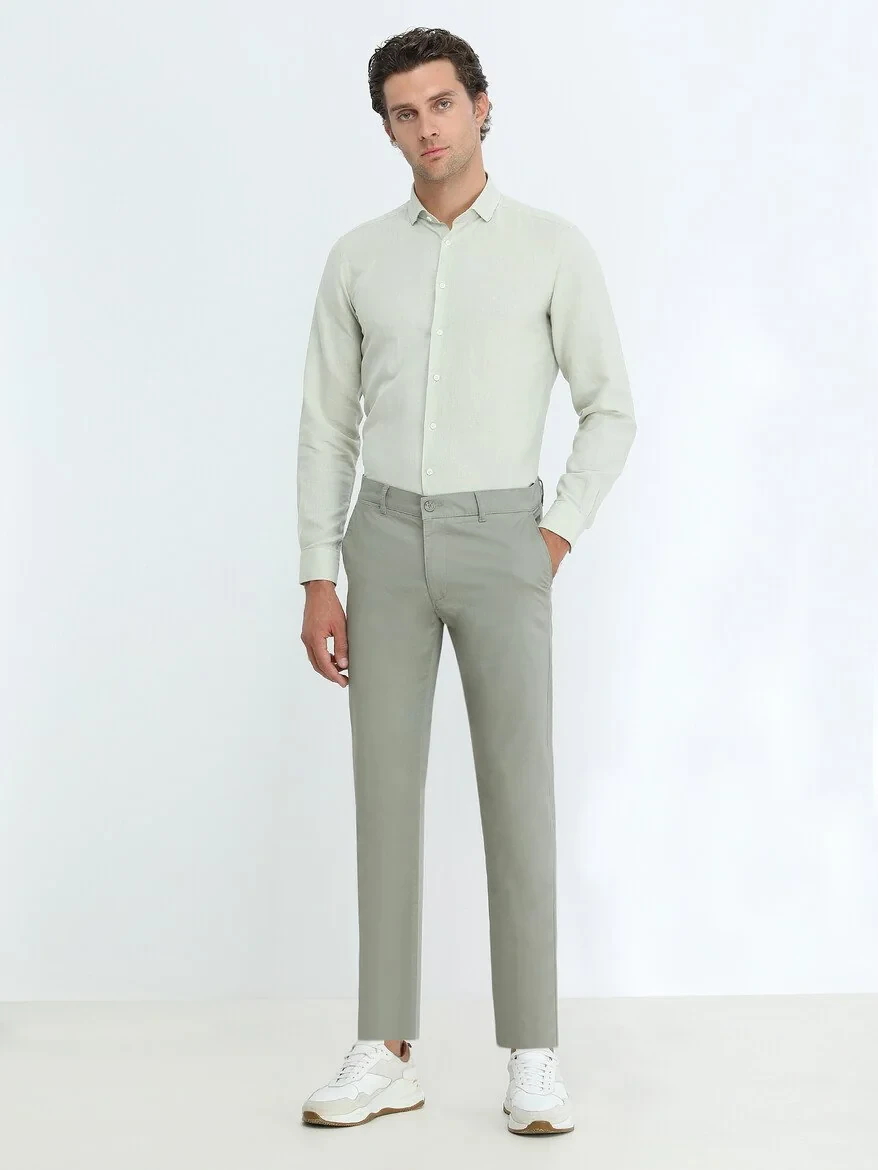 Light Khaki Weaving Slim Fit Casual Cotton Blended Trousers - 2