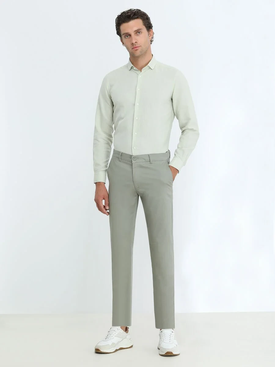 Light Khaki Weaving Slim Fit Casual Cotton Blended Trousers - 2