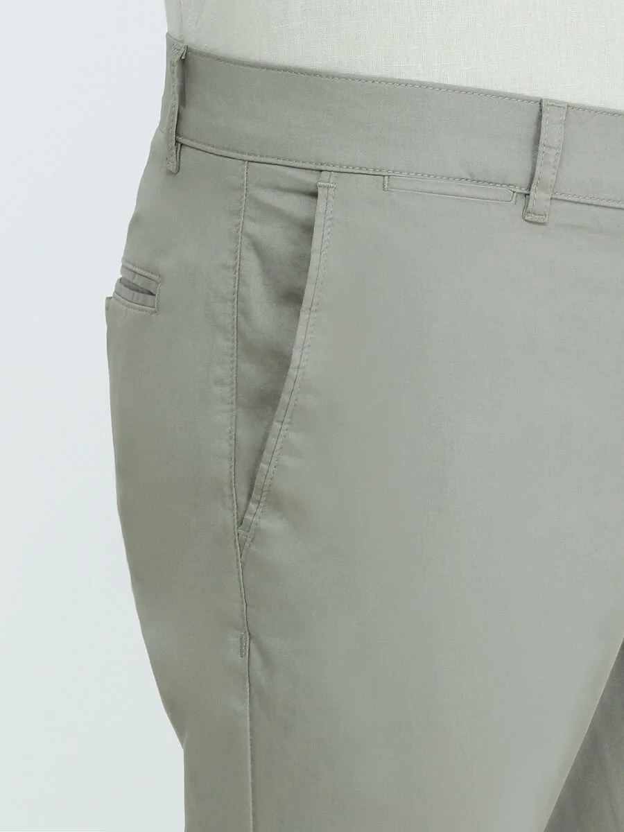 Light Khaki Weaving Slim Fit Casual Cotton Blended Trousers - 3