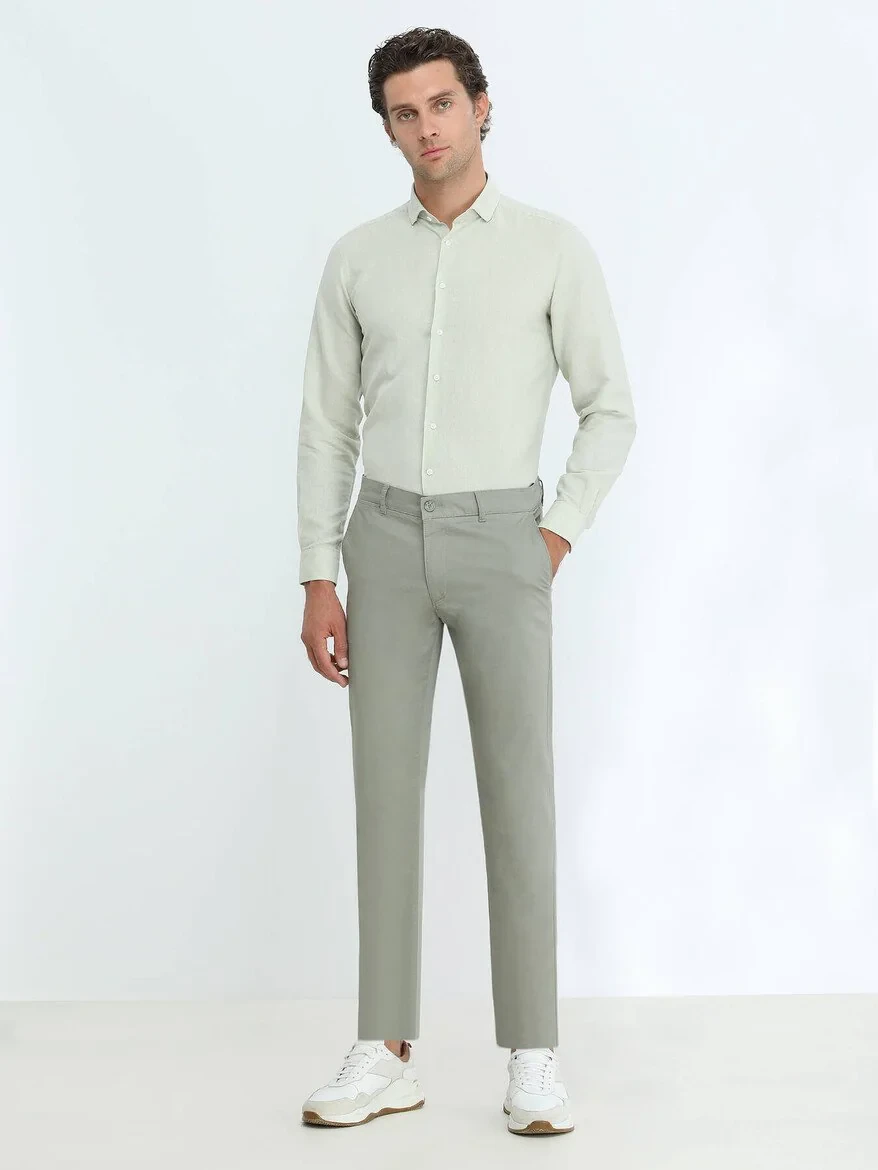 Light Khaki Weaving Slim Fit Casual Cotton Blended Trousers - 2