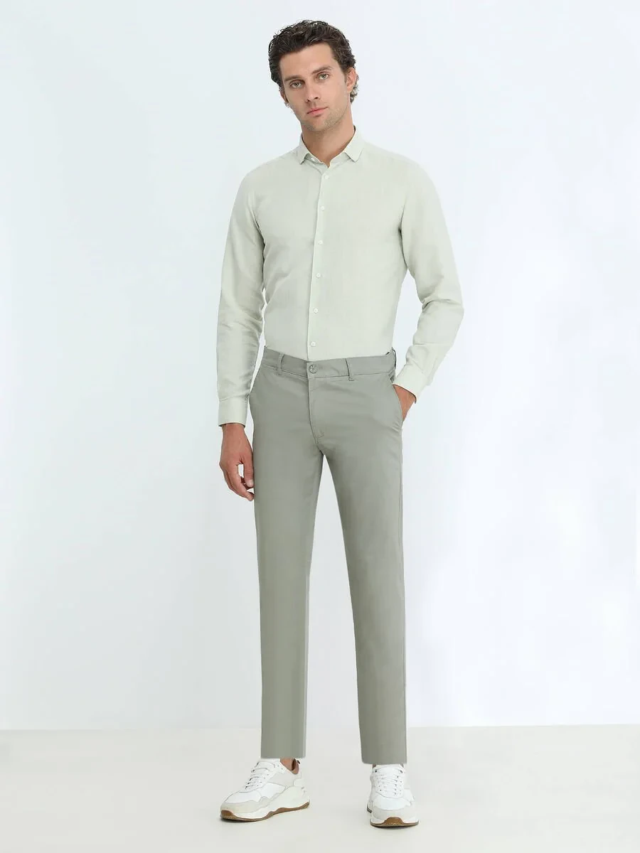 Light Khaki Weaving Slim Fit Casual Cotton Blended Trousers - 2