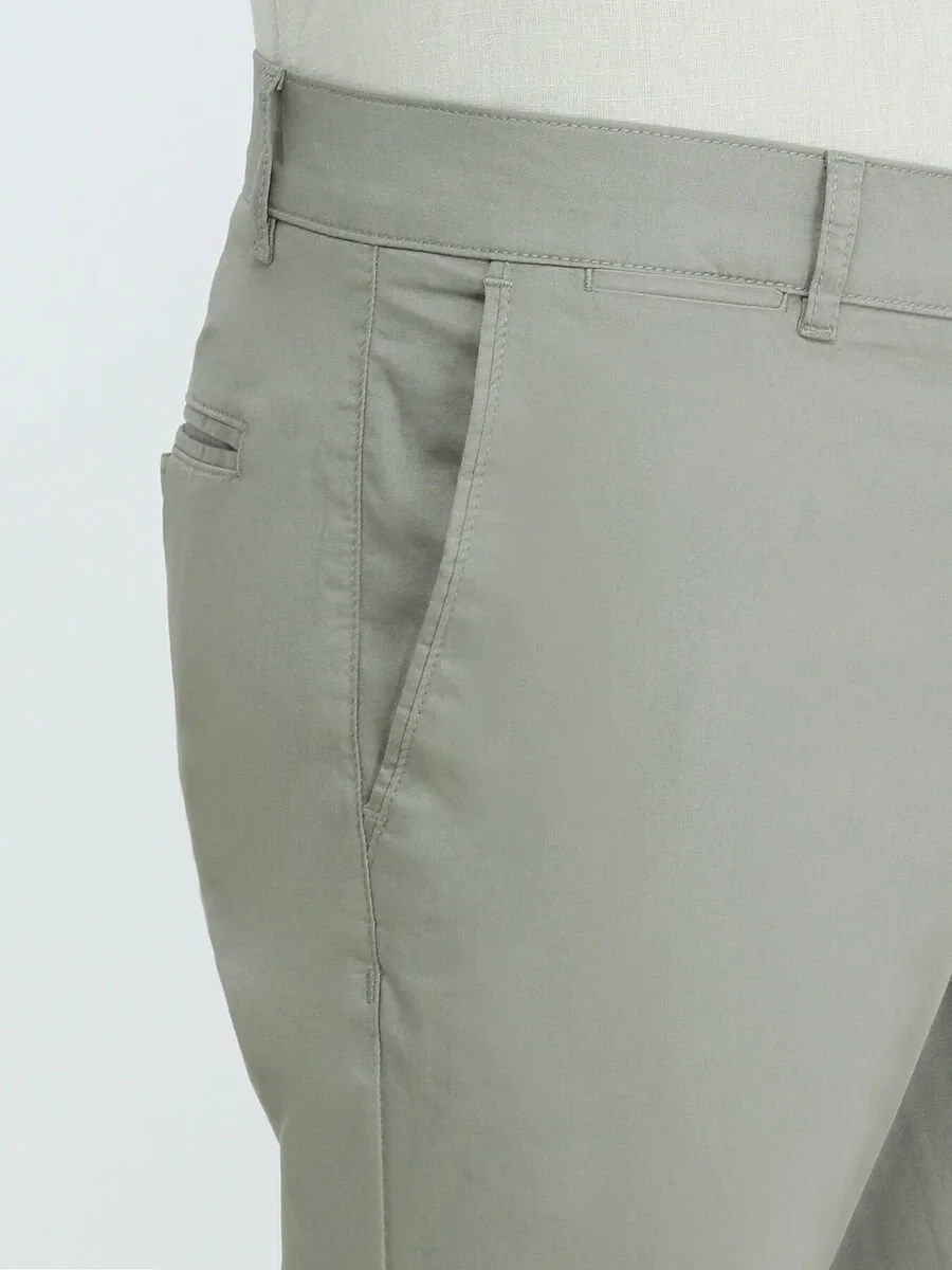 Light Khaki Weaving Slim Fit Casual Cotton Blended Trousers - 3