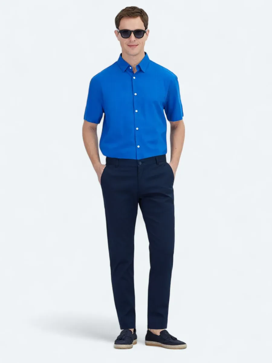 Light Navy Blue Weaving Casual Cotton Blended Trousers - 1