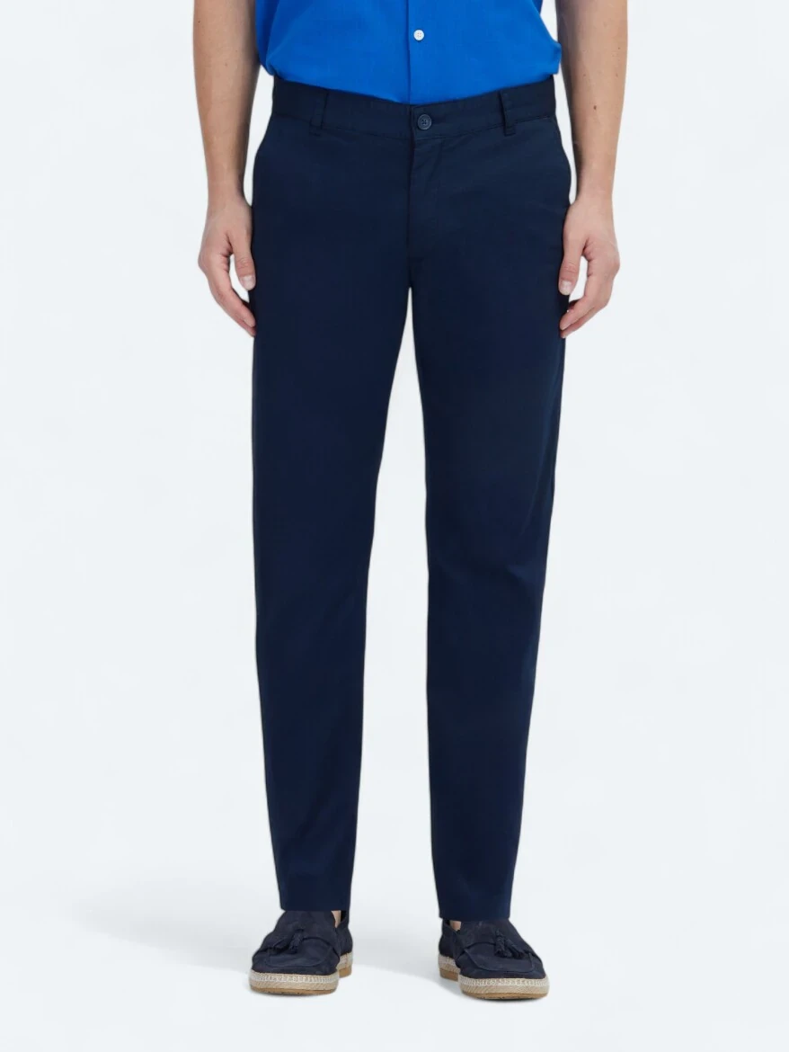 Light Navy Blue Weaving Casual Cotton Blended Trousers - 2
