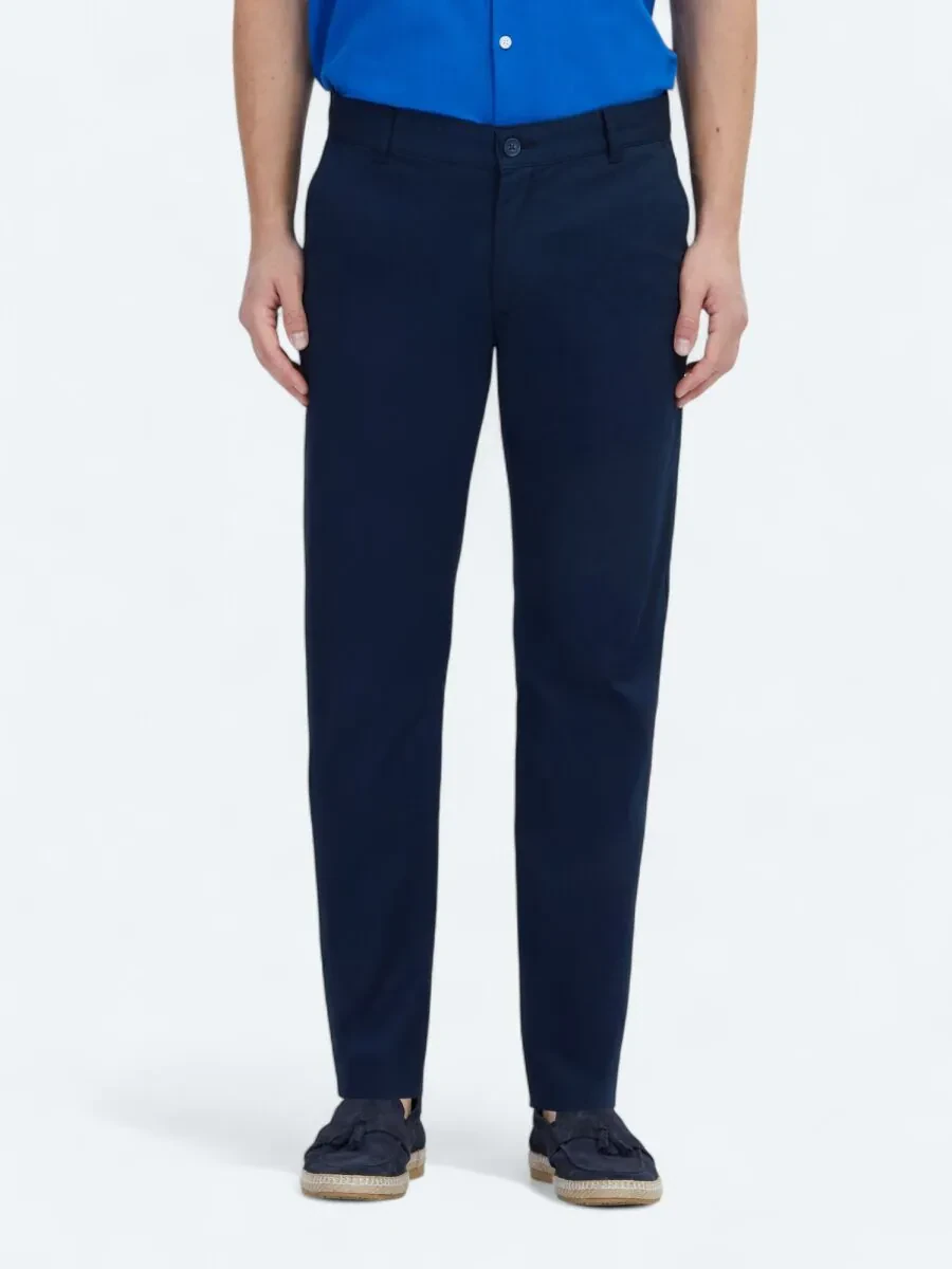 Light Navy Blue Weaving Casual Cotton Blended Trousers - 2
