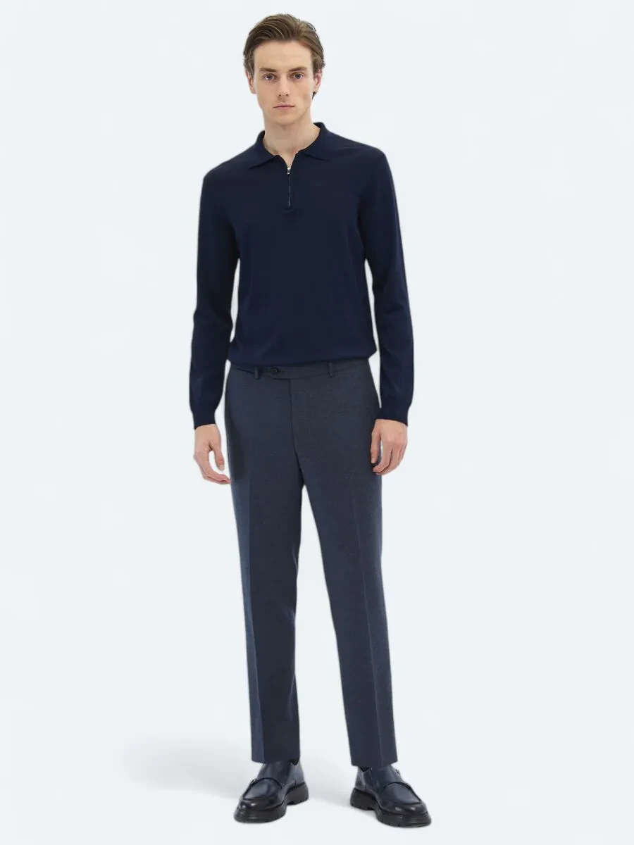 Light Navy Blue Weaving Fitted Fit Classical Trousers - 1