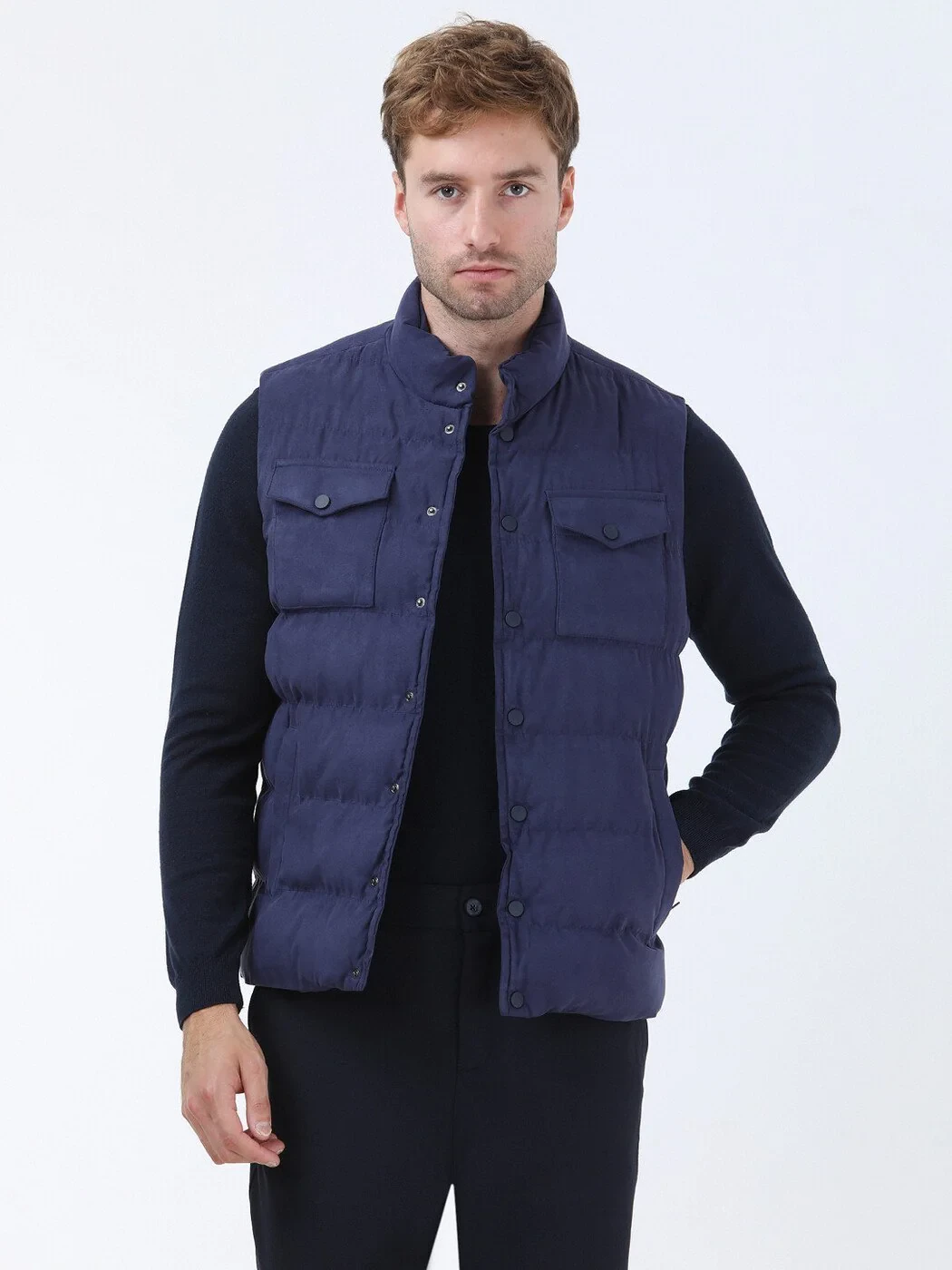 Light Navy Blue Weaving Puffer Vest - 1