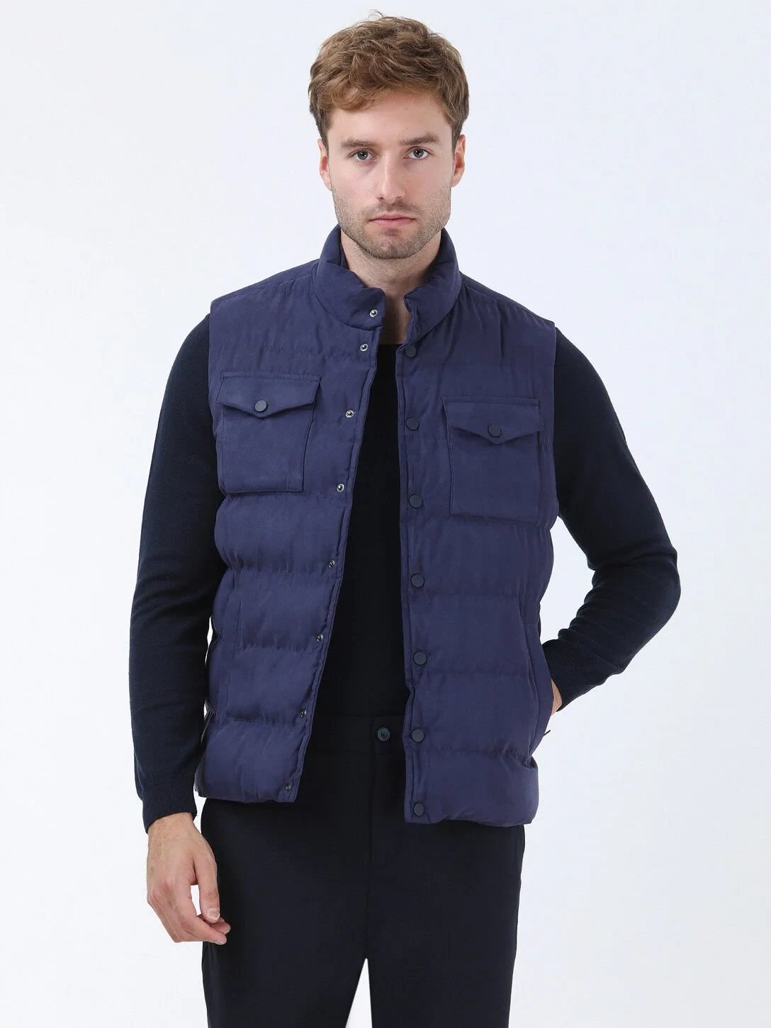 Light Navy Blue Weaving Puffer Vest - 1