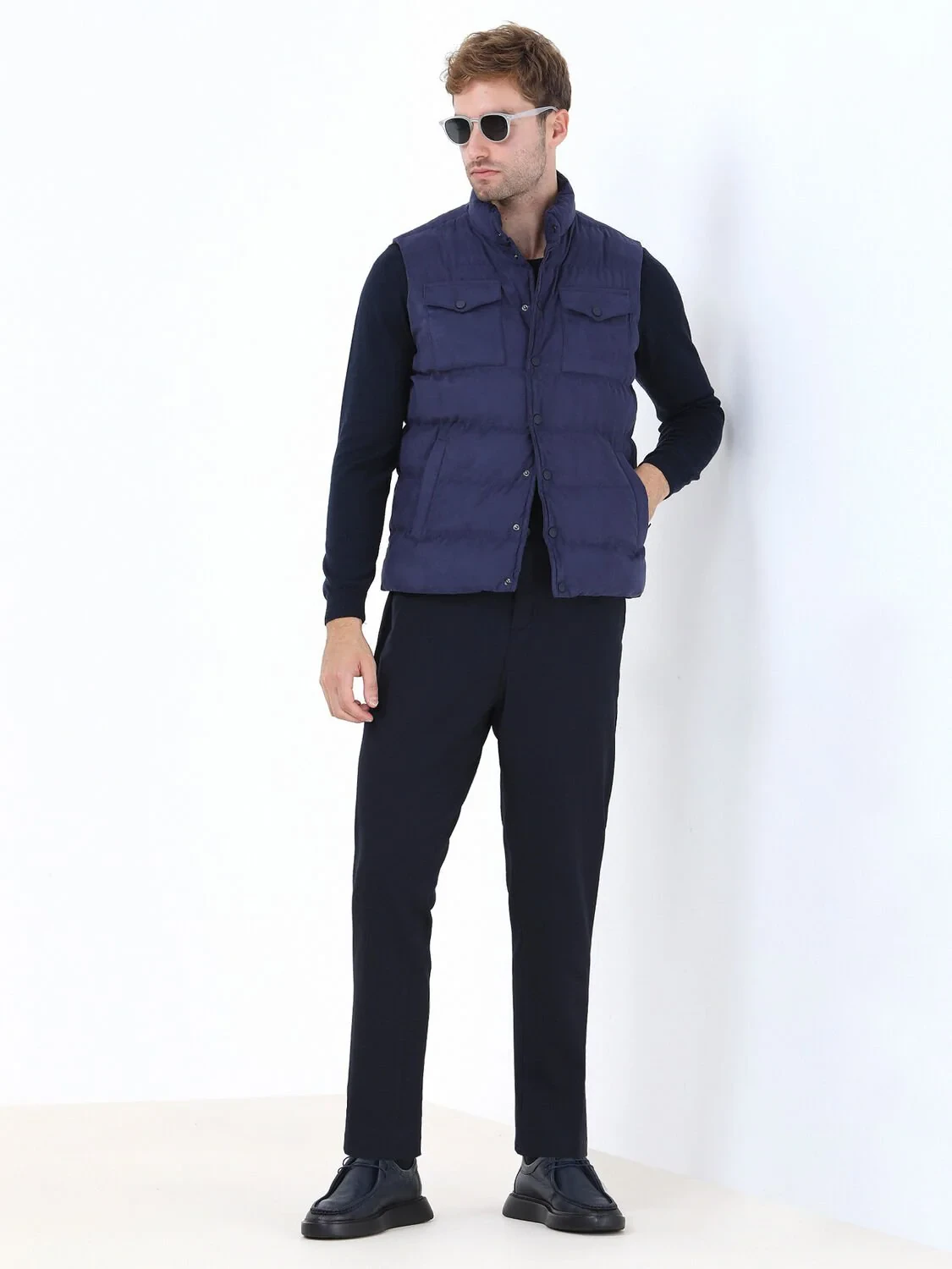 Light Navy Blue Weaving Puffer Vest - 2