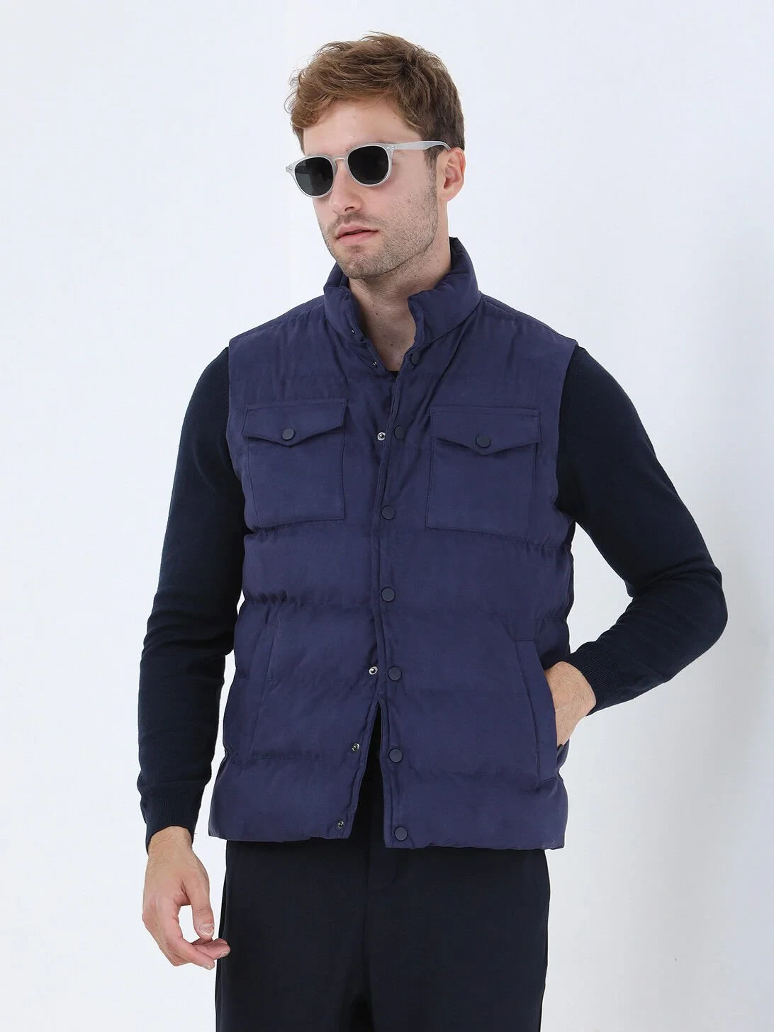 Light Navy Blue Weaving Puffer Vest - 3