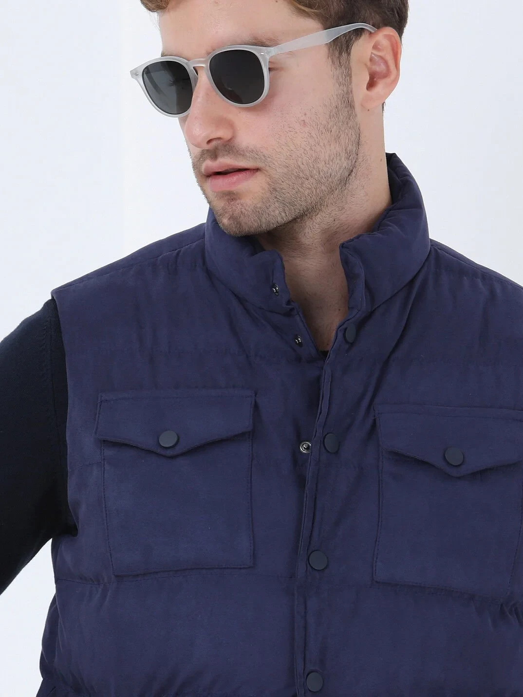 Light Navy Blue Weaving Puffer Vest - 4