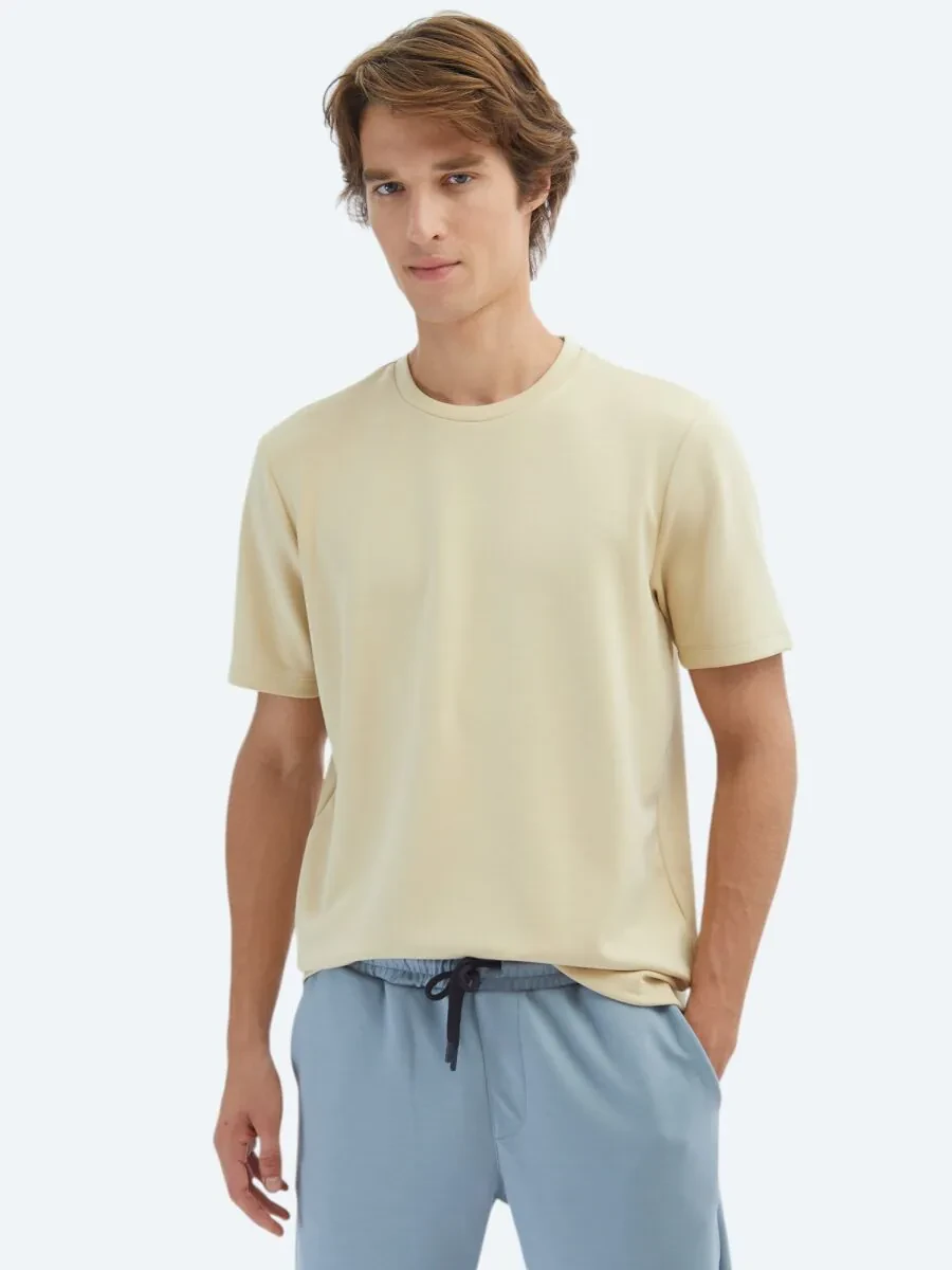 Light Yellow Plain Crew Neck T-Shirt - 1