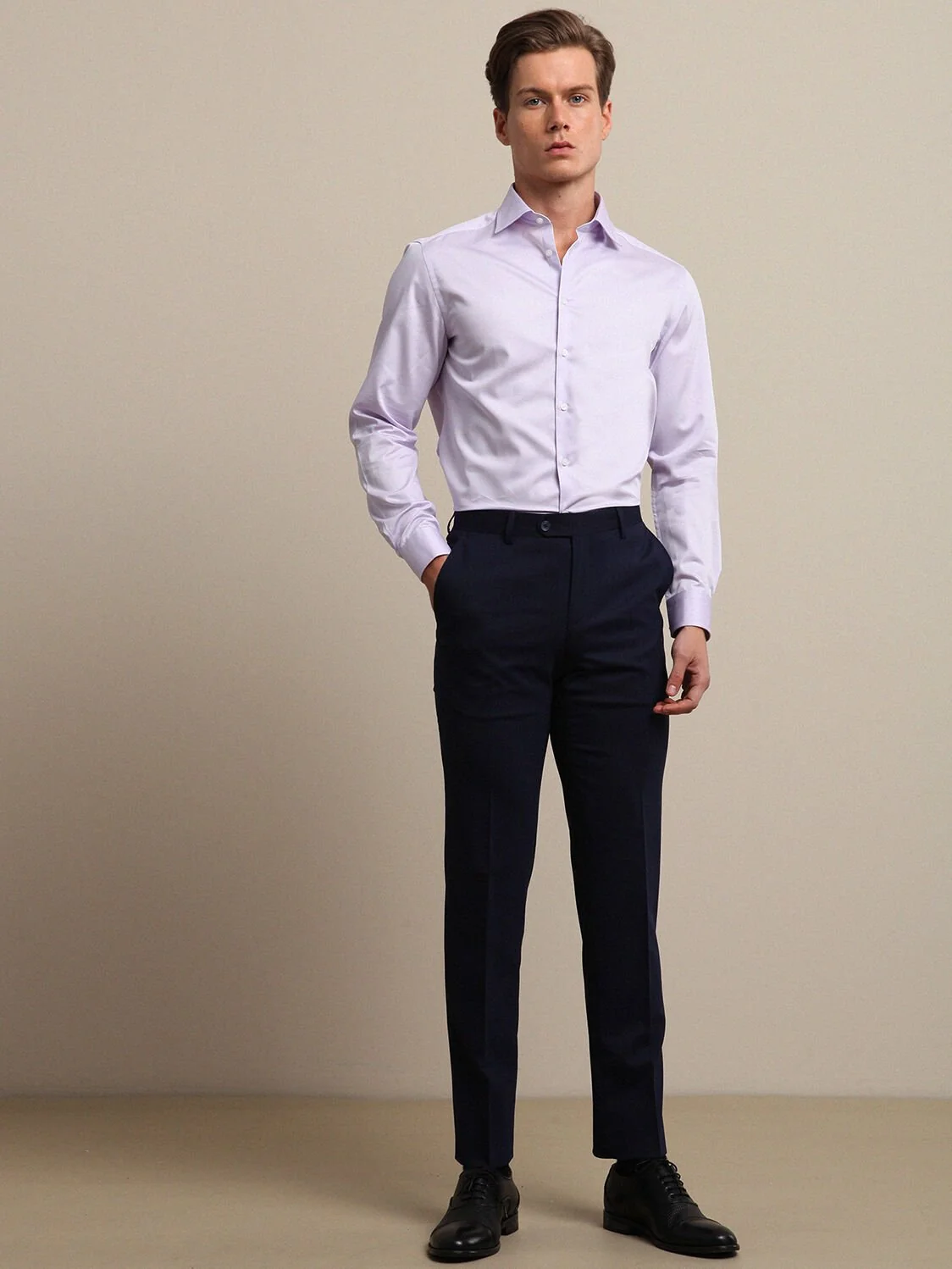 Lila Düz Slim Fit Dokuma Klasik %100 Pamuk Gömlek - 3