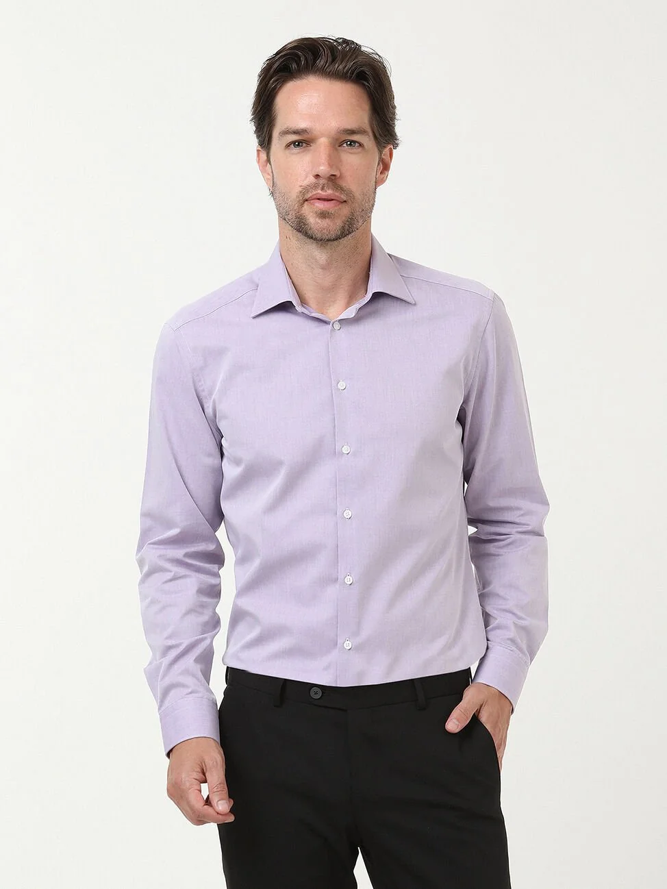 Lila Düz Slim Fit Dokuma Klasik Pamuk Karışımlı Gömlek - 1