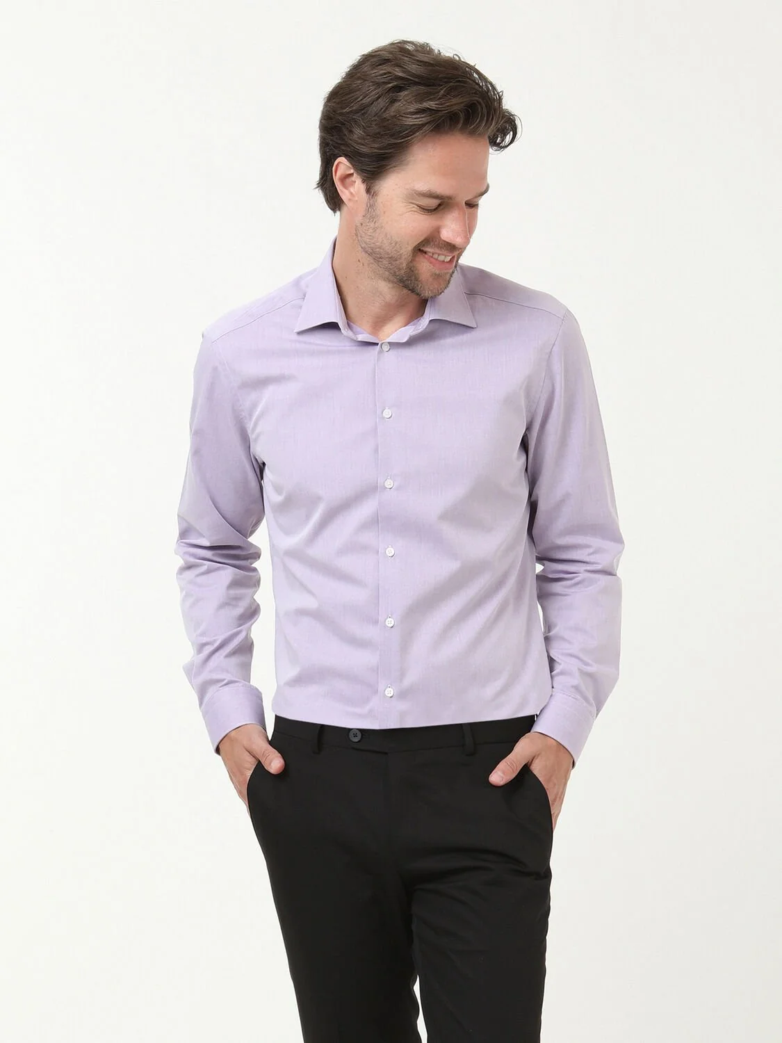 Lila Düz Slim Fit Dokuma Klasik Pamuk Karışımlı Gömlek - 3