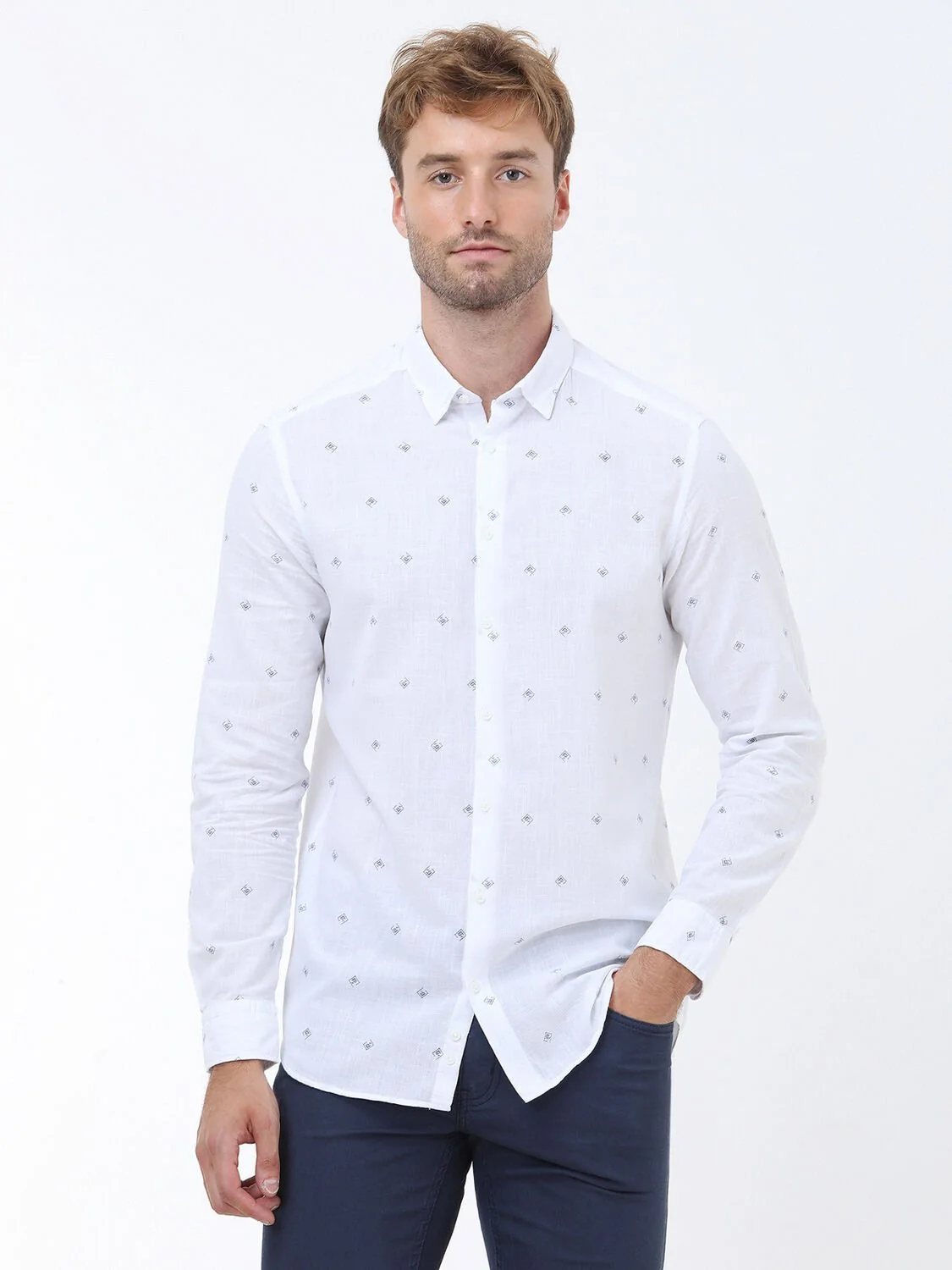 Mavi Baskılı Regular Fit Dokuma Casual %100 Pamuk Gömlek - 1