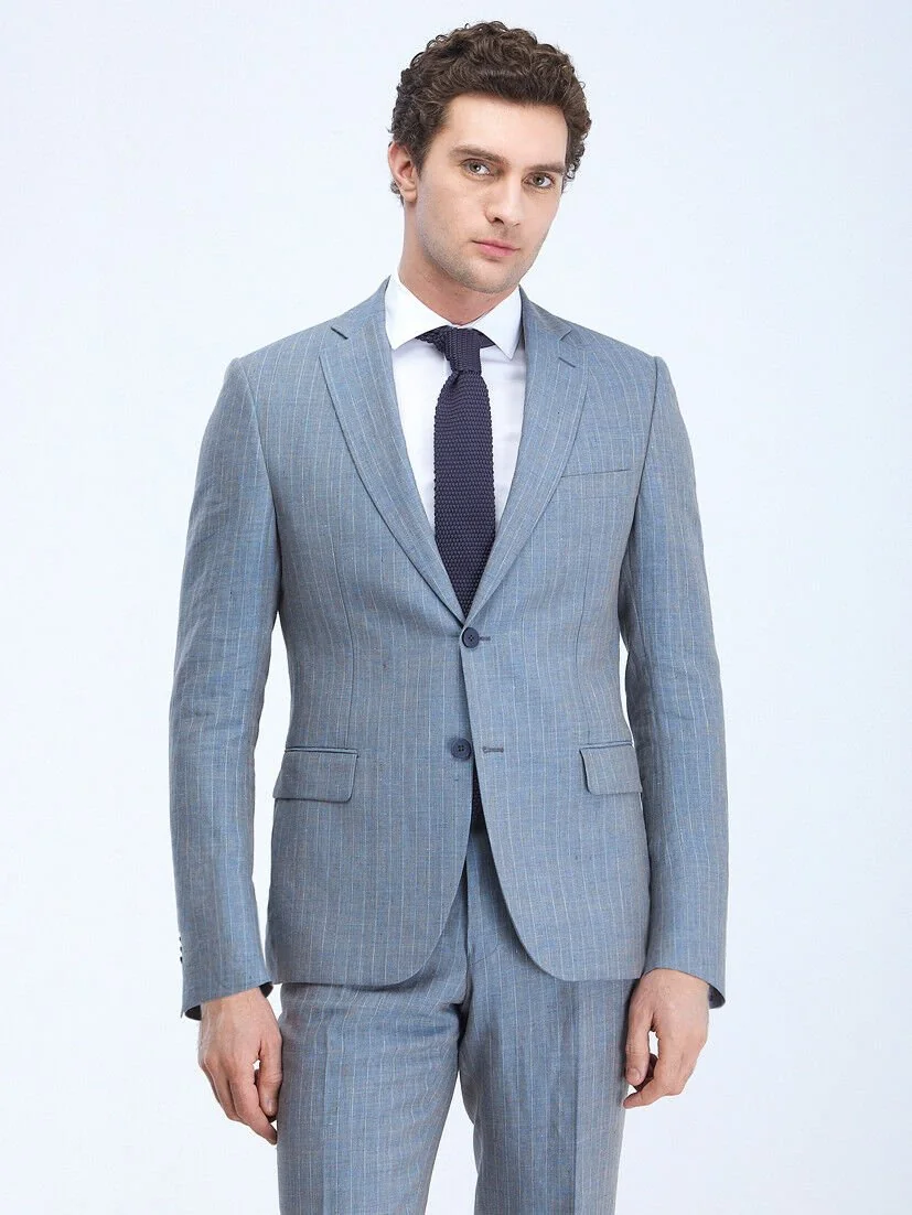 Mavi Çizgili Modern Fit %100 Keten Takım Elbise - 1