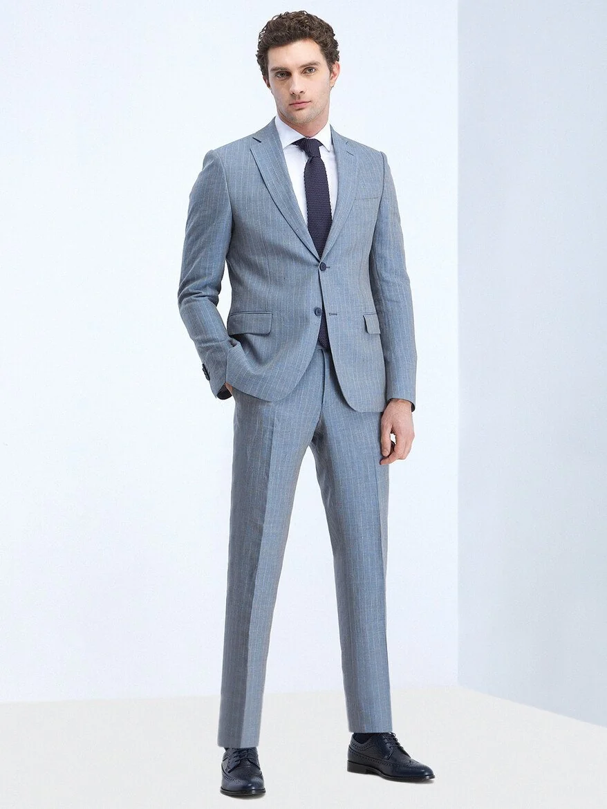Mavi Çizgili Modern Fit %100 Keten Takım Elbise - 2